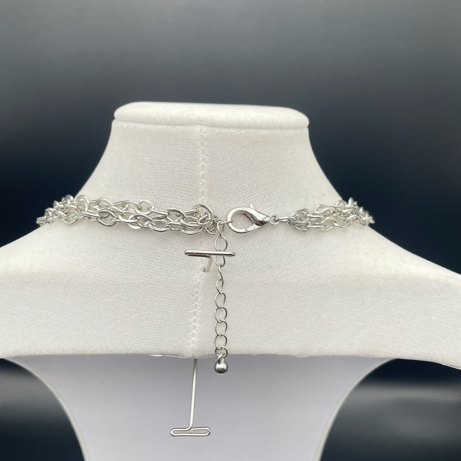 Vintage Statement Multi-Strand Red Irregular Resin Bead Necklace Silver Chain - Thumbnail 11