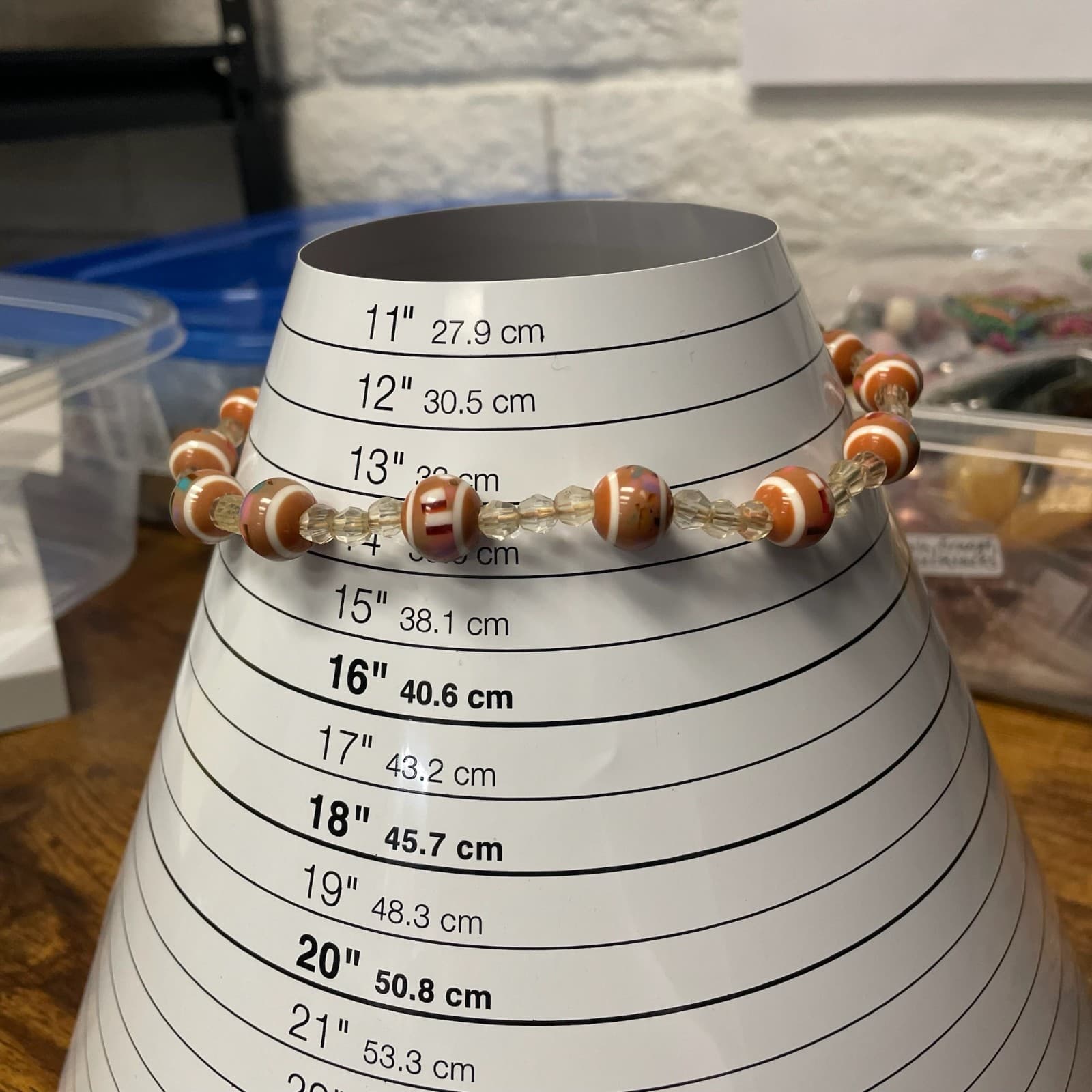 Vintage Orange White Striped Glass Bead Choker Necklace Crystal Spacers 15 in - Thumbnail 2