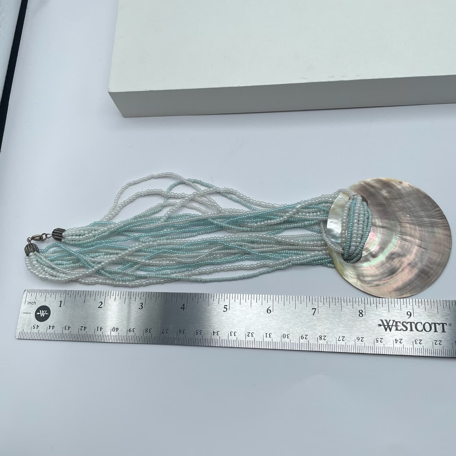 Vintage 90s Mother of Pearl Shell Pendent Multi-Stand Seed Beaded Neckline - Thumbnail 14