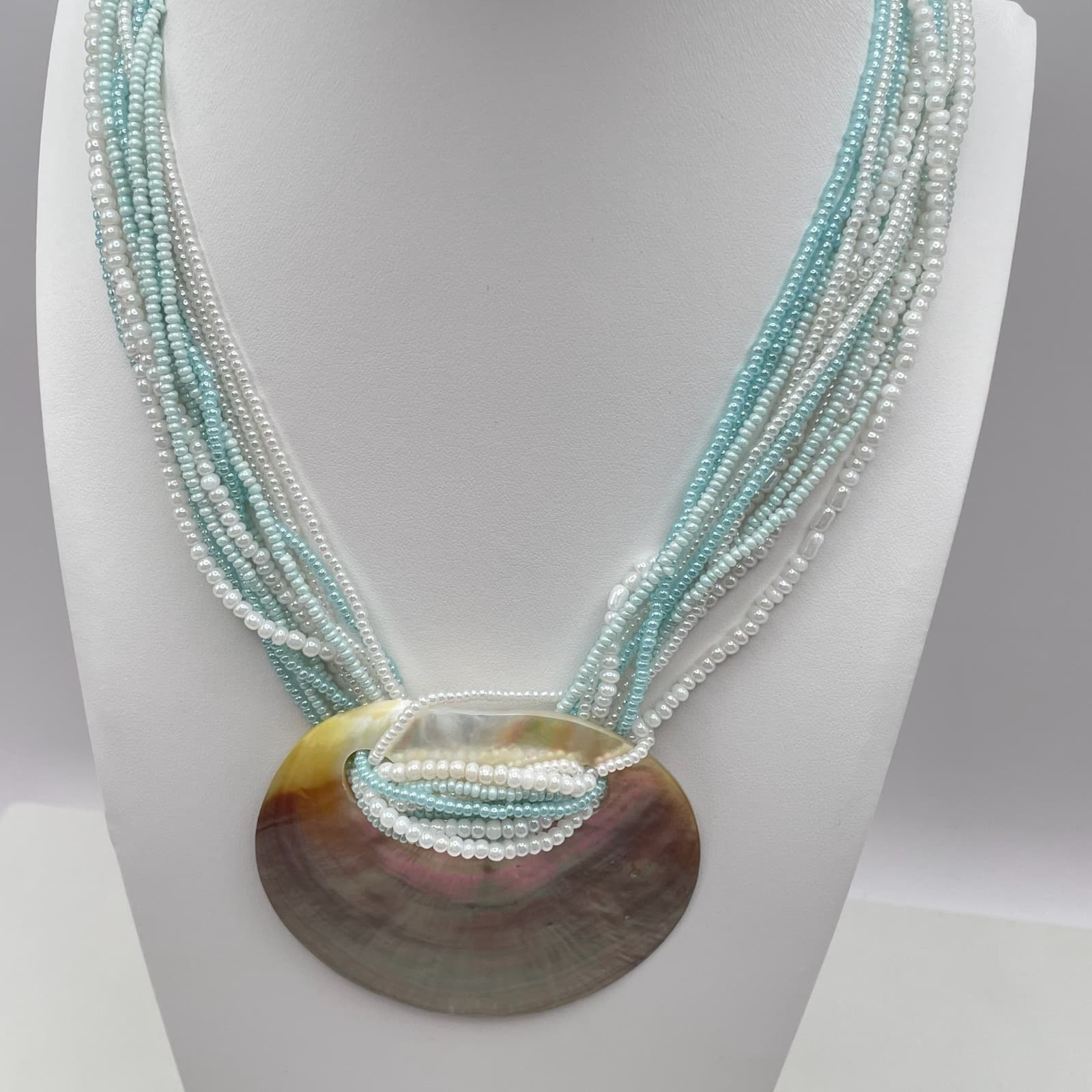 Vintage 90s Mother of Pearl Shell Pendent Multi-Stand Seed Beaded Neckline - Thumbnail 5