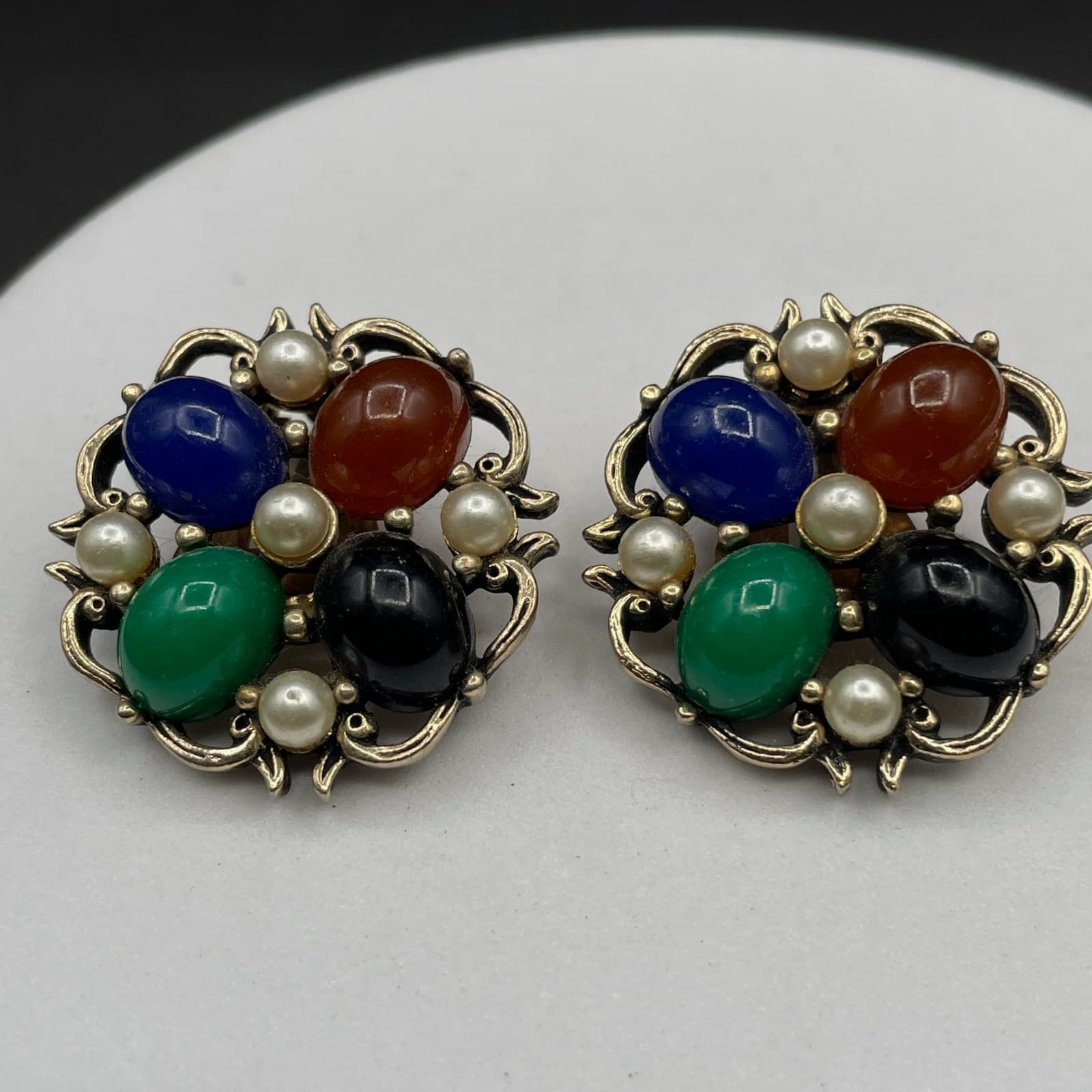 Vintage Multicolor Cabochon Cluster Clip-On Earrings Pearl Accents Retro - Thumbnail 7