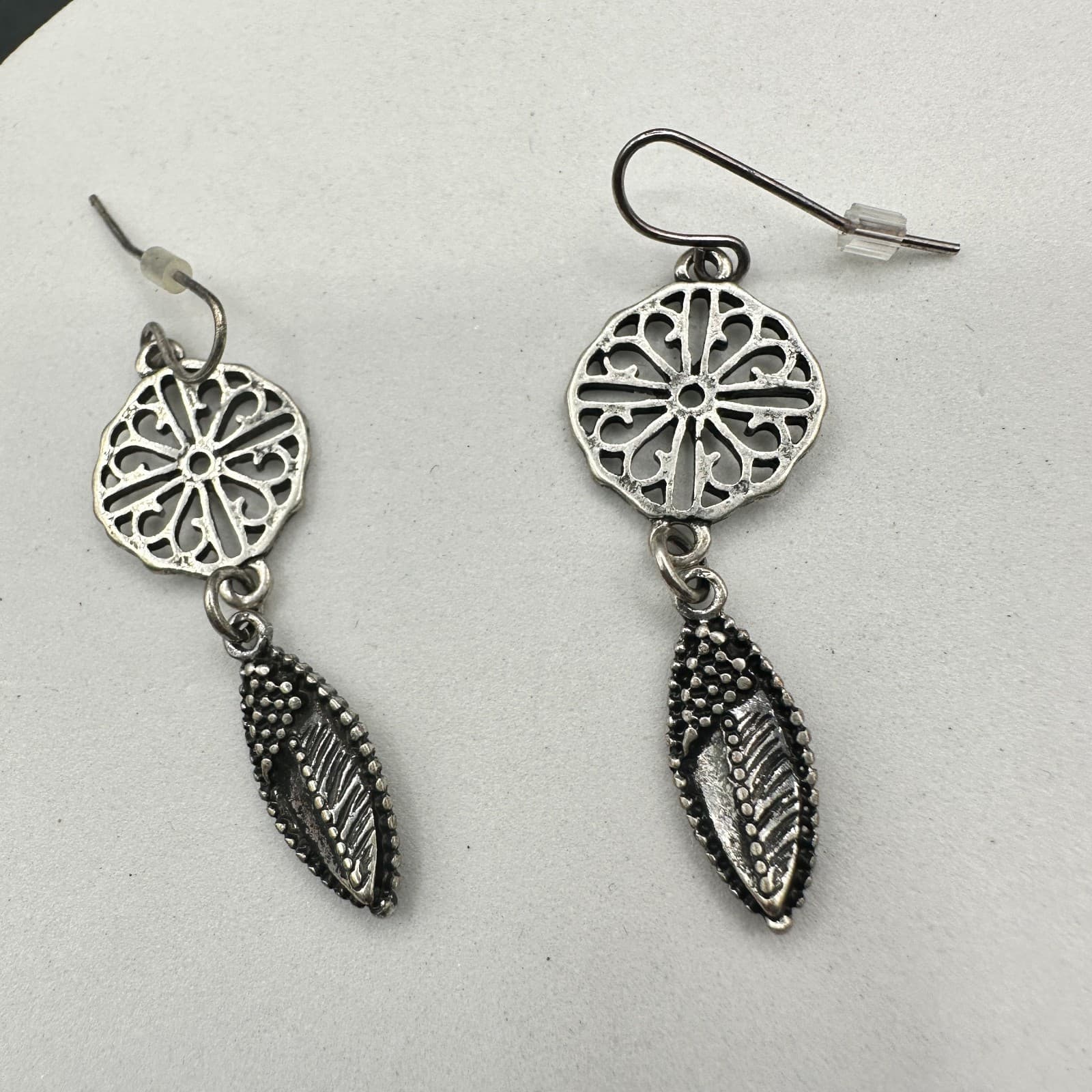 Vintage Bohemian Silver-Tone Filigree Mandala Flower & Detail Leaf Drop Earrings - Thumbnail 10