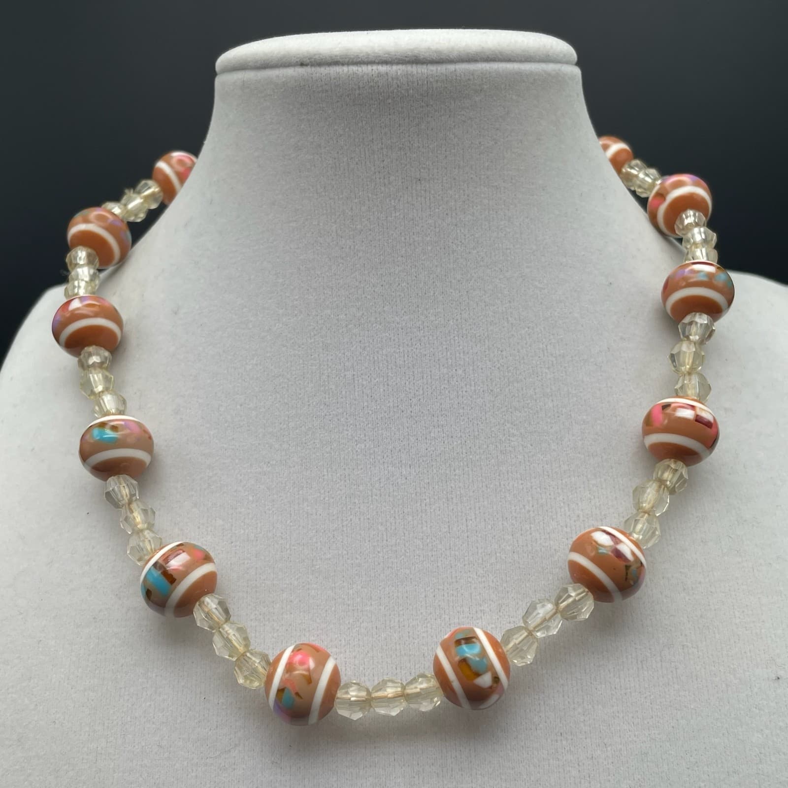 Vintage Orange White Striped Glass Bead Choker Necklace Crystal Spacers 15 in - Image 1
