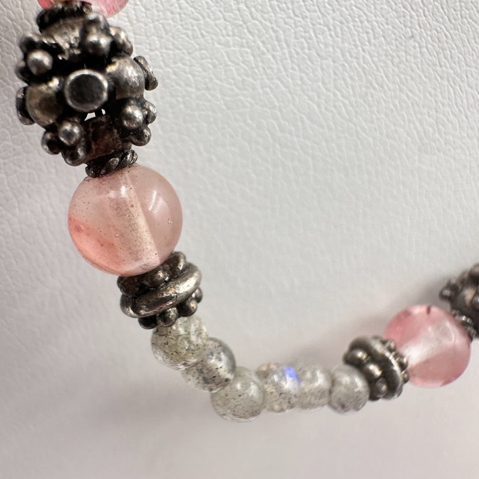Vintage 90s Strawberry Quartz Labradorite Beaded Necklace Boho Women's Jewelry - Thumbnail 6