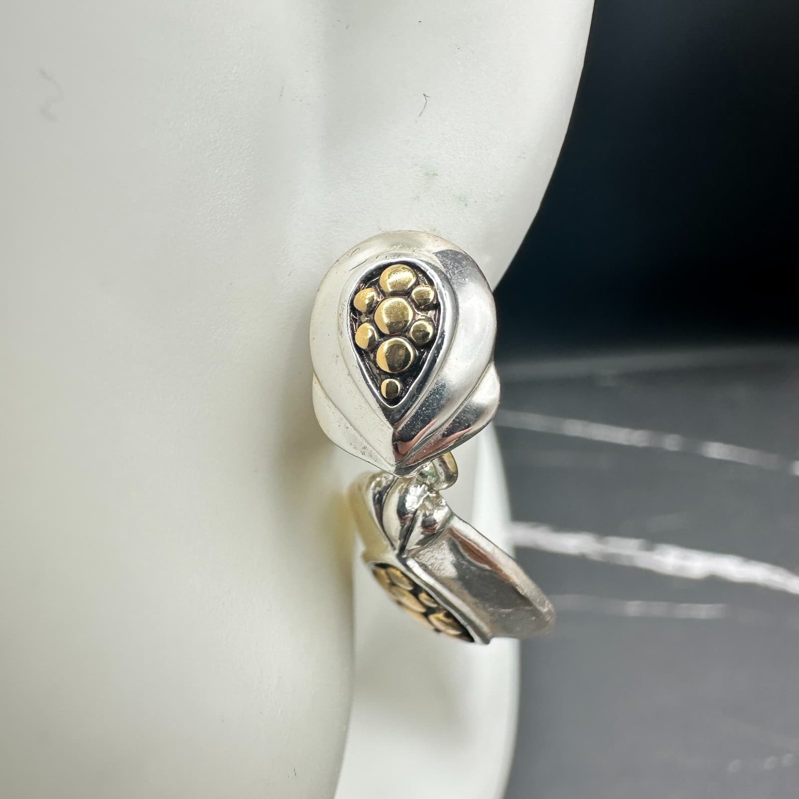 Vintage Premier Designs Two-Tone Teardrop Gold & Silver Dangle Clip-On Earrings - Thumbnail 4