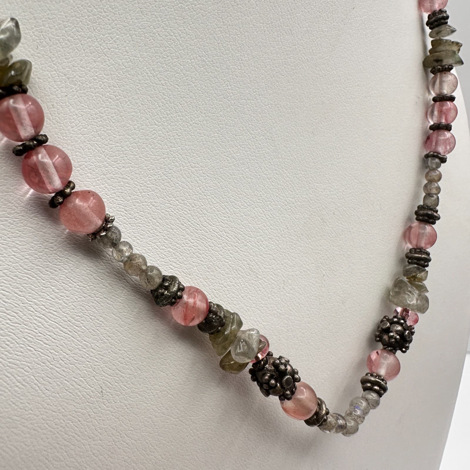 Vintage 90s Strawberry Quartz Labradorite Beaded Necklace Boho Women's Jewelry - Thumbnail 8