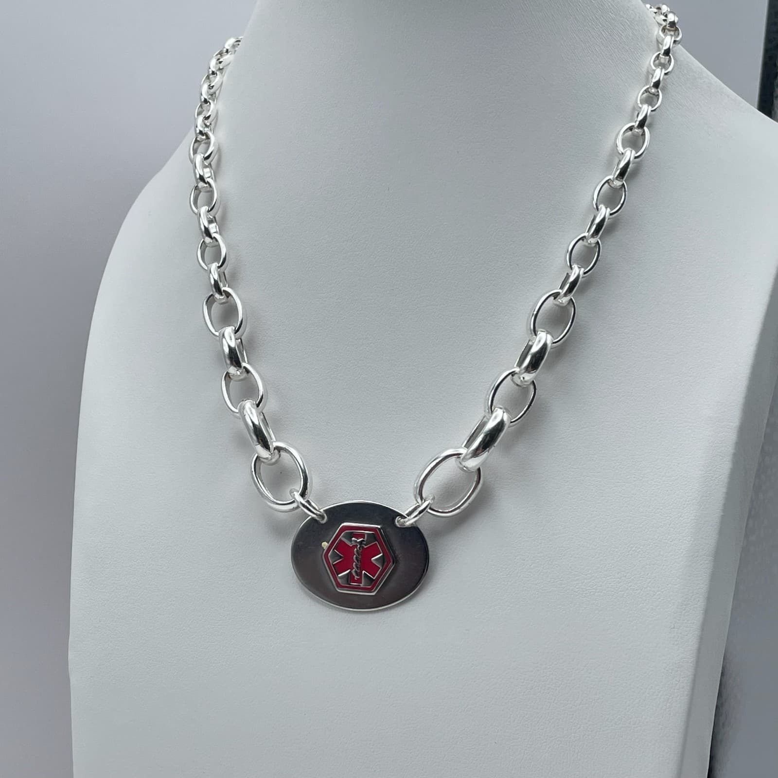 Vintage 90s Medical Alert Necklace Diabetic Silver Tone Thick Oval Link Chain - Thumbnail 9