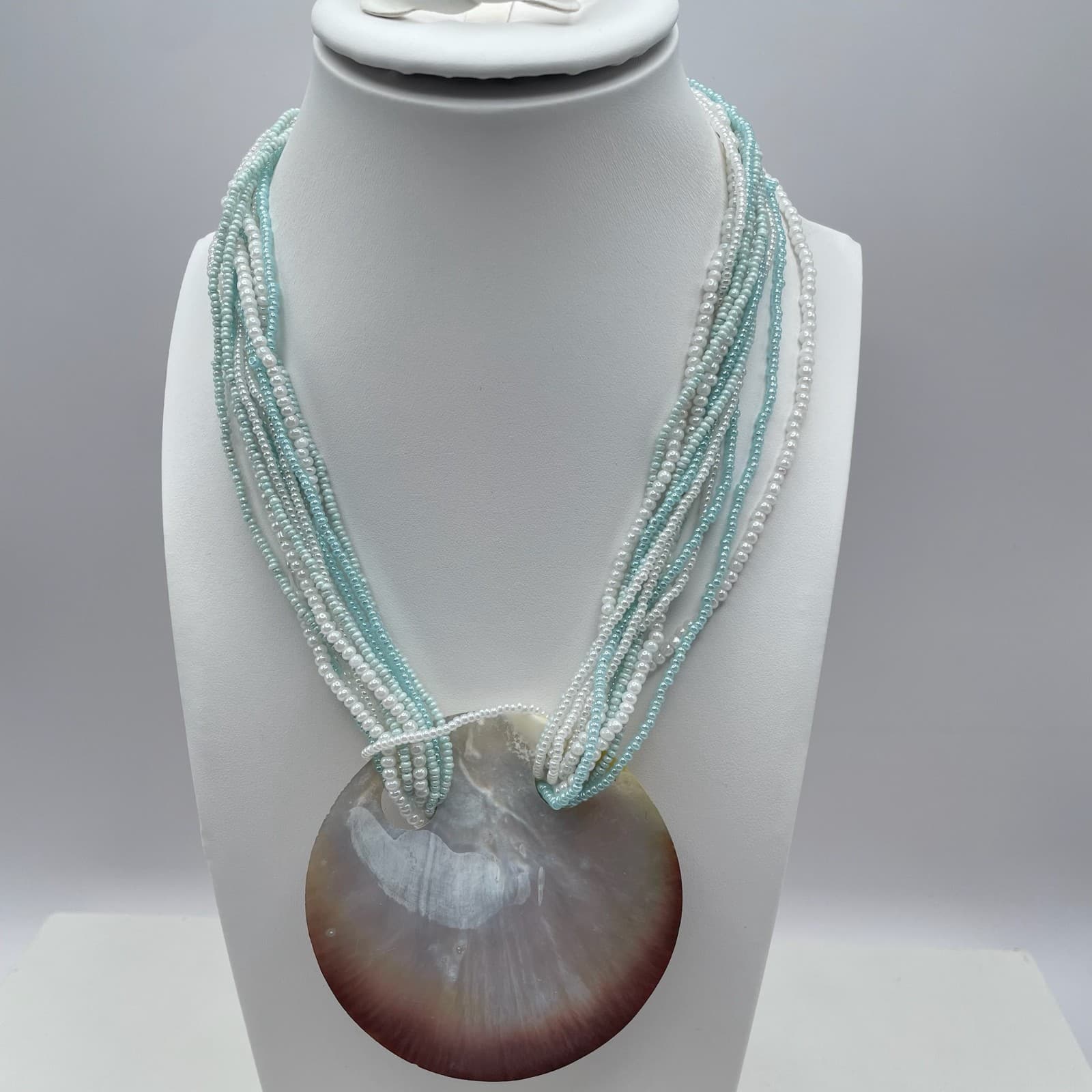 Vintage 90s Mother of Pearl Shell Pendent Multi-Stand Seed Beaded Neckline - Image 1