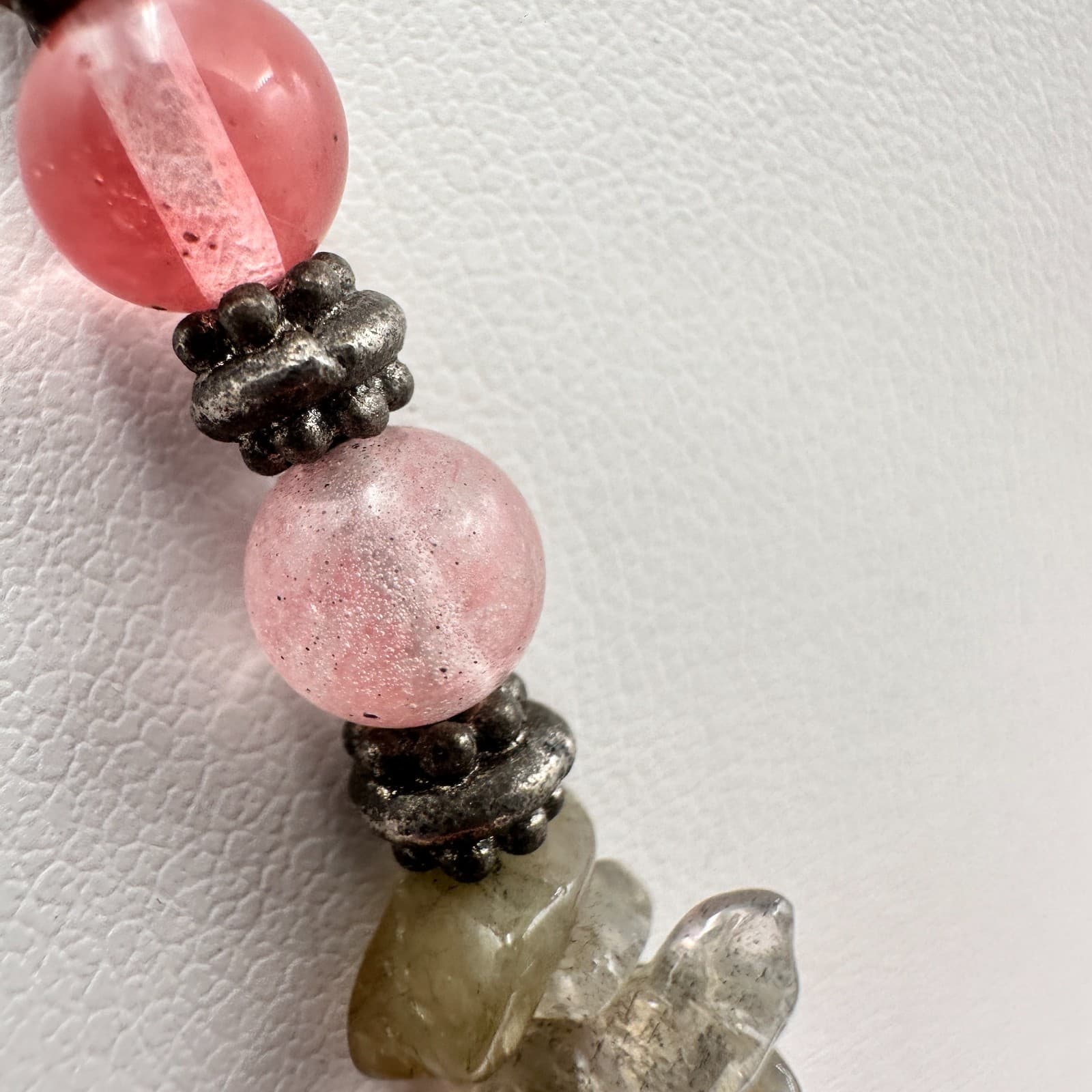 Vintage 90s Strawberry Quartz Labradorite Beaded Necklace Boho Women's Jewelry - Thumbnail 13