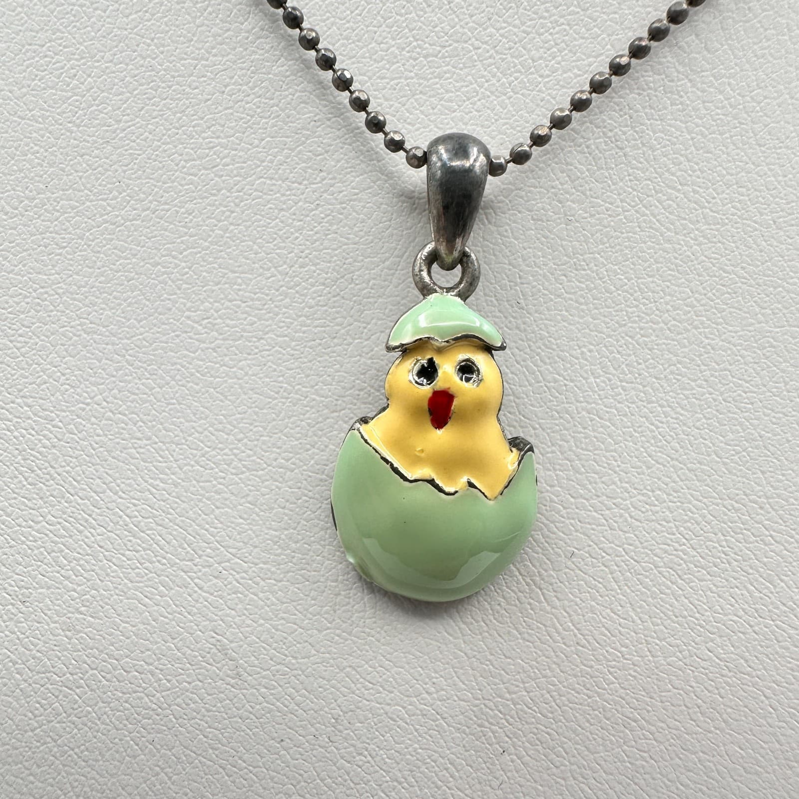 Vintage Y2K Cookie Lee Enamel Easter Chick Egg Necklace Silver Tone Ball Chain - Image 1
