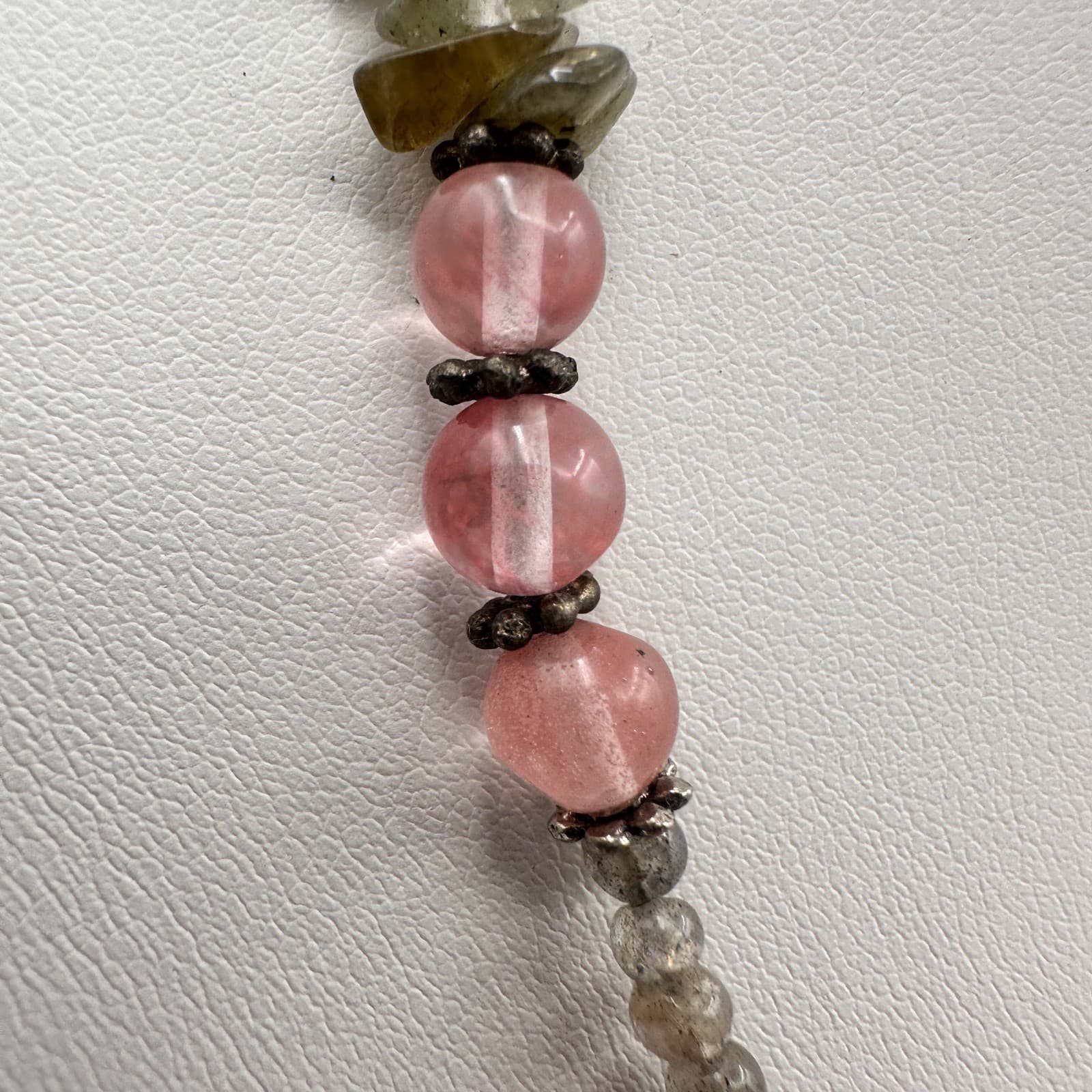 Vintage 90s Strawberry Quartz Labradorite Beaded Necklace Boho Women's Jewelry - Thumbnail 4