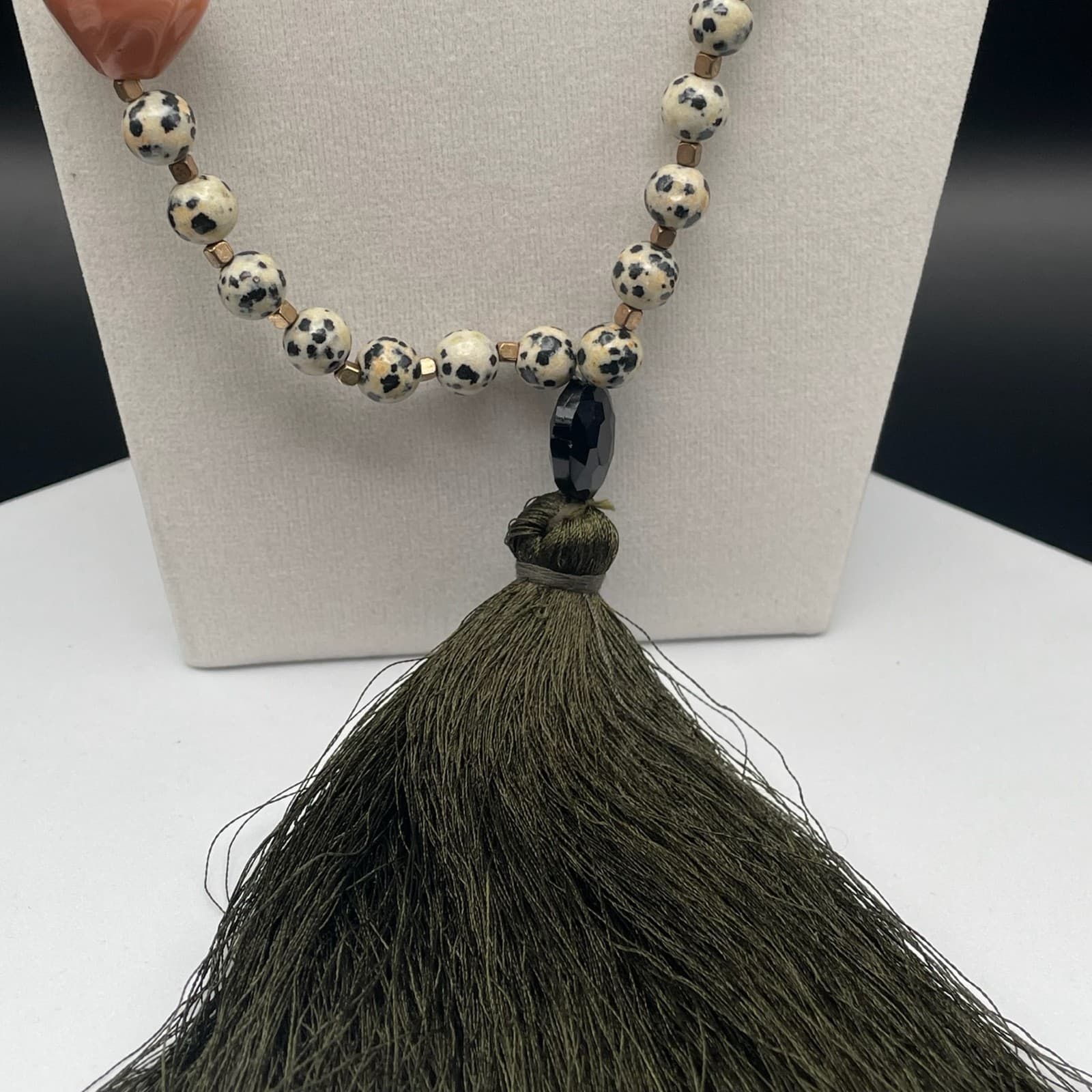 Vintage Dalmatian Stone Tassel Necklace 23 in Matinee Peach Stone Boho Statement - Thumbnail 13