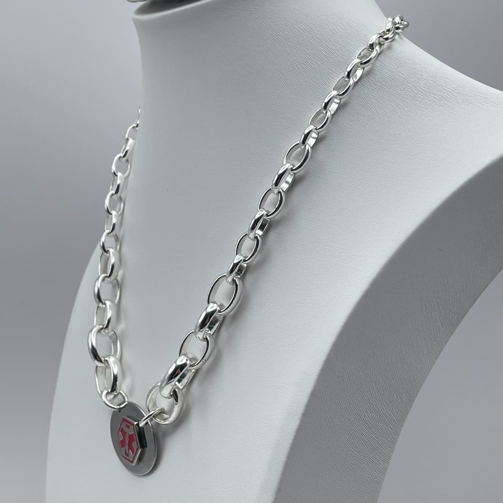 Vintage 90s Medical Alert Necklace Diabetic Silver Tone Thick Oval Link Chain - Thumbnail 10