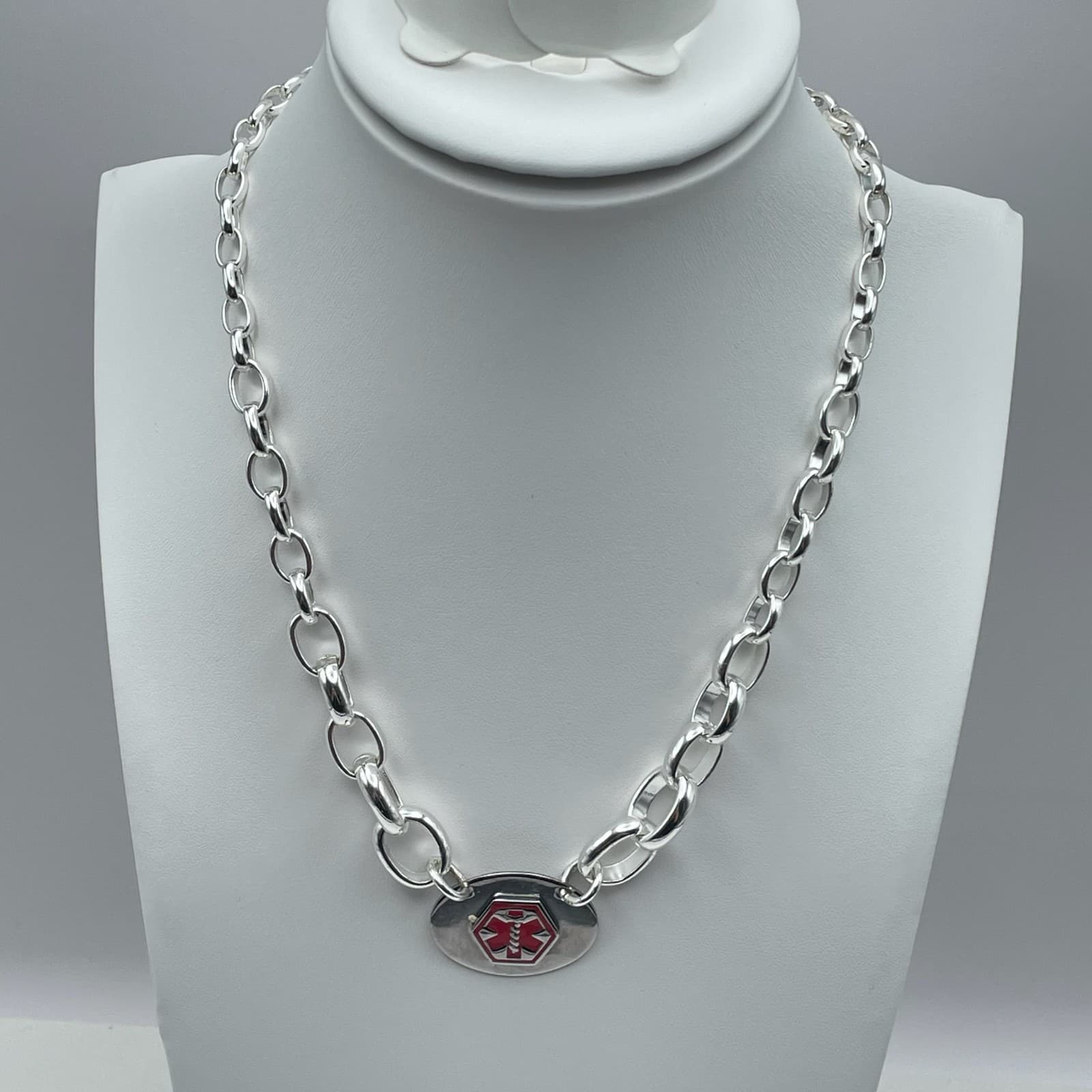 Vintage 90s Medical Alert Necklace Diabetic Silver Tone Thick Oval Link Chain - Thumbnail 6