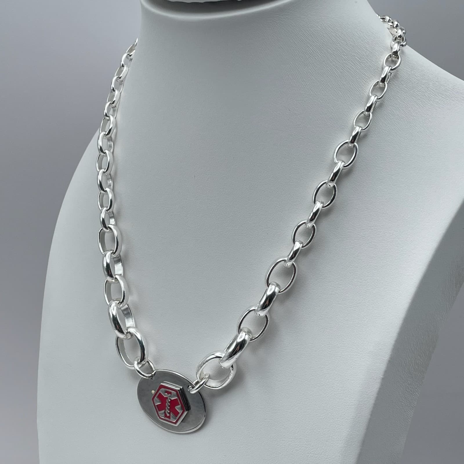 Vintage 90s Medical Alert Necklace Diabetic Silver Tone Thick Oval Link Chain - Thumbnail 8