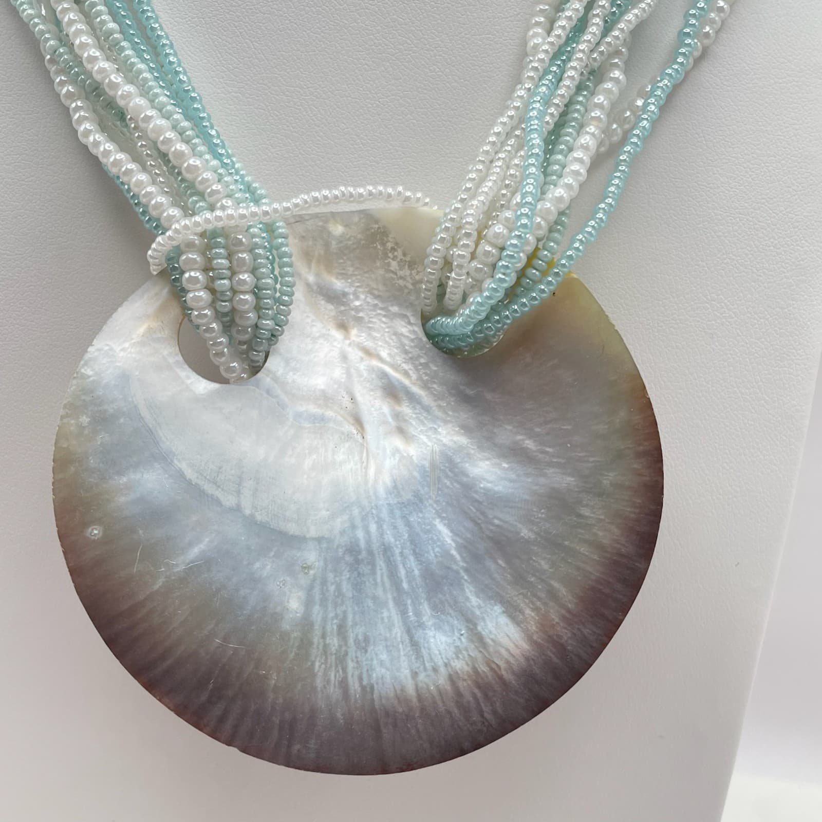 Vintage 90s Mother of Pearl Shell Pendent Multi-Stand Seed Beaded Neckline - Thumbnail 4