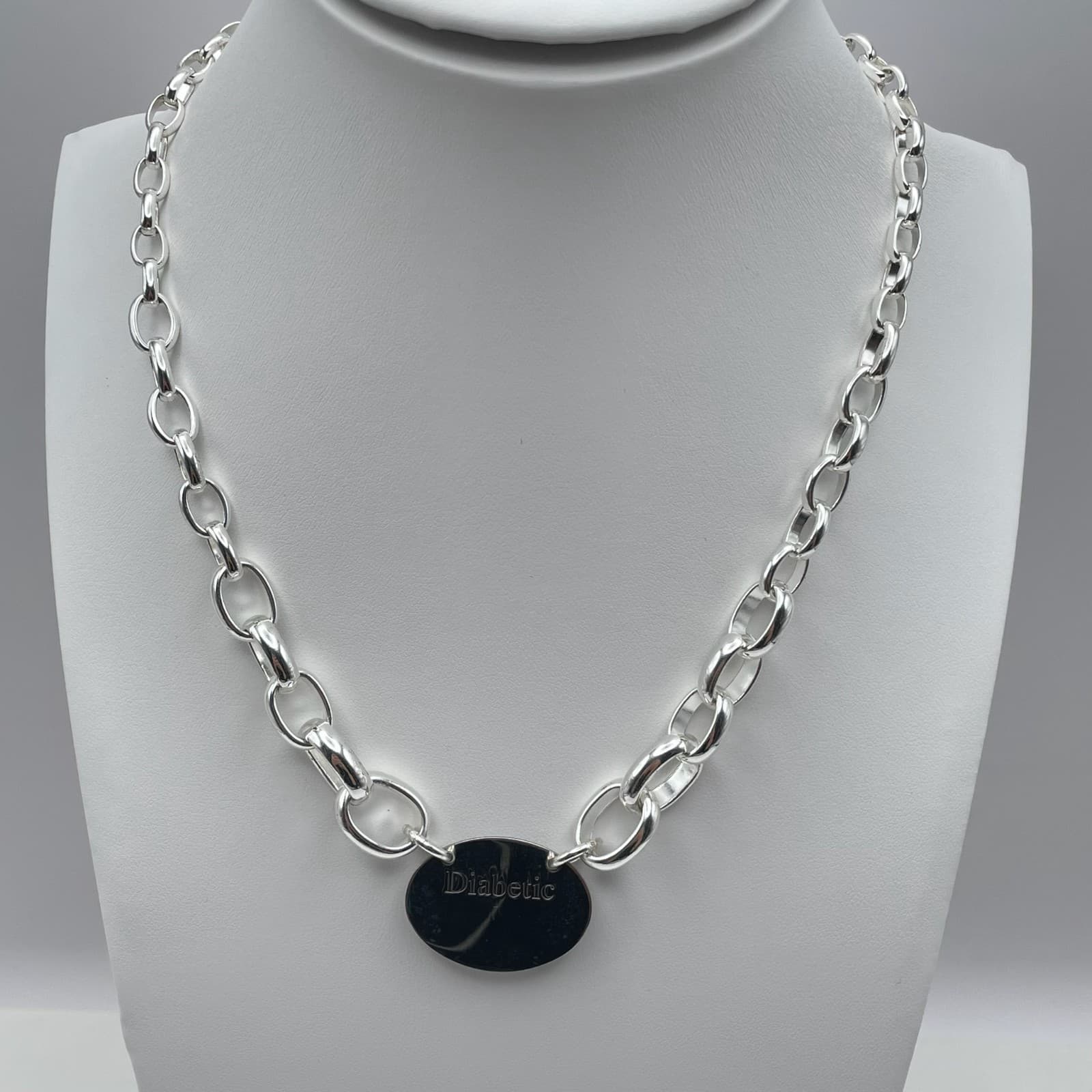 Vintage 90s Medical Alert Necklace Diabetic Silver Tone Thick Oval Link Chain - Thumbnail 2