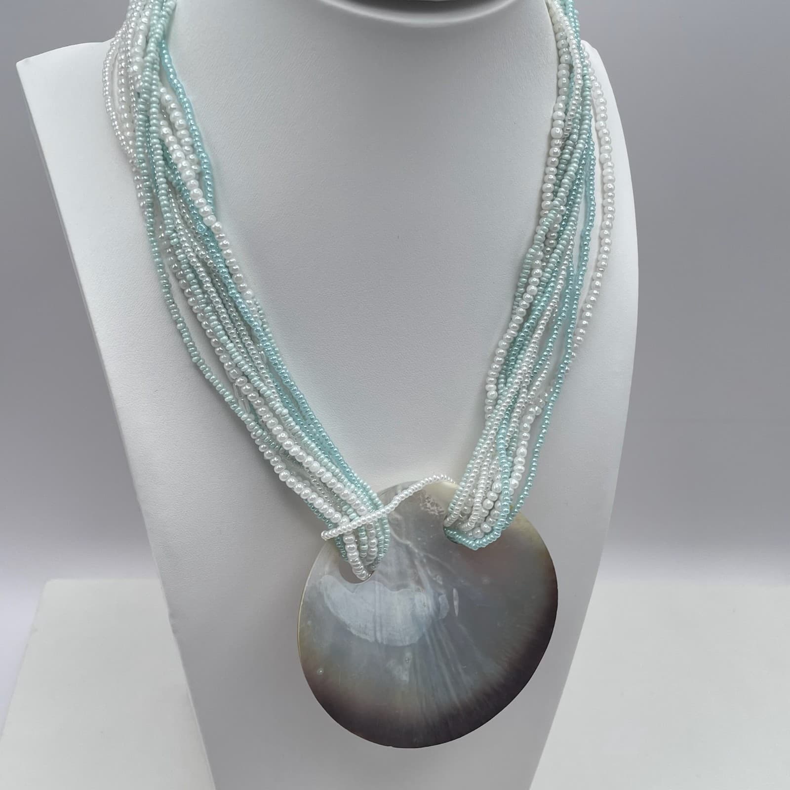 Vintage 90s Mother of Pearl Shell Pendent Multi-Stand Seed Beaded Neckline - Thumbnail 2