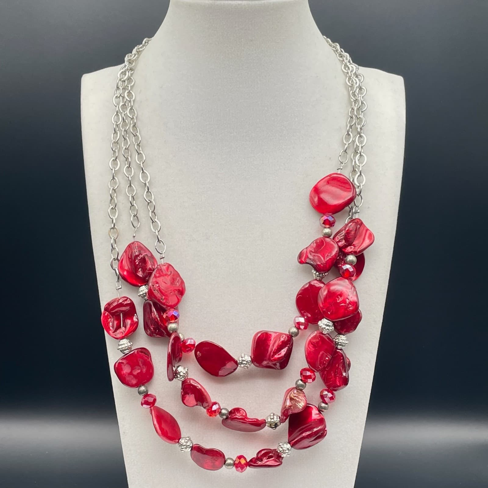 Vintage Statement Multi-Strand Red Irregular Resin Bead Necklace Silver Chain - Thumbnail 3