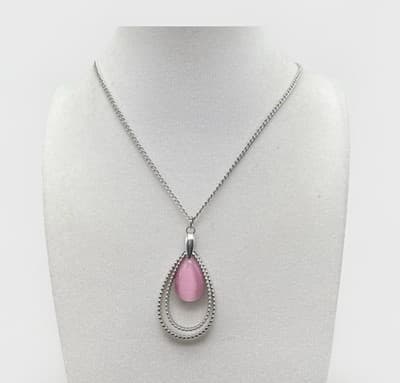 Vintage Pink Cat Eye Teardrop Pendant Necklace Silver Tone Chain Fashion Jewelry - Image 1
