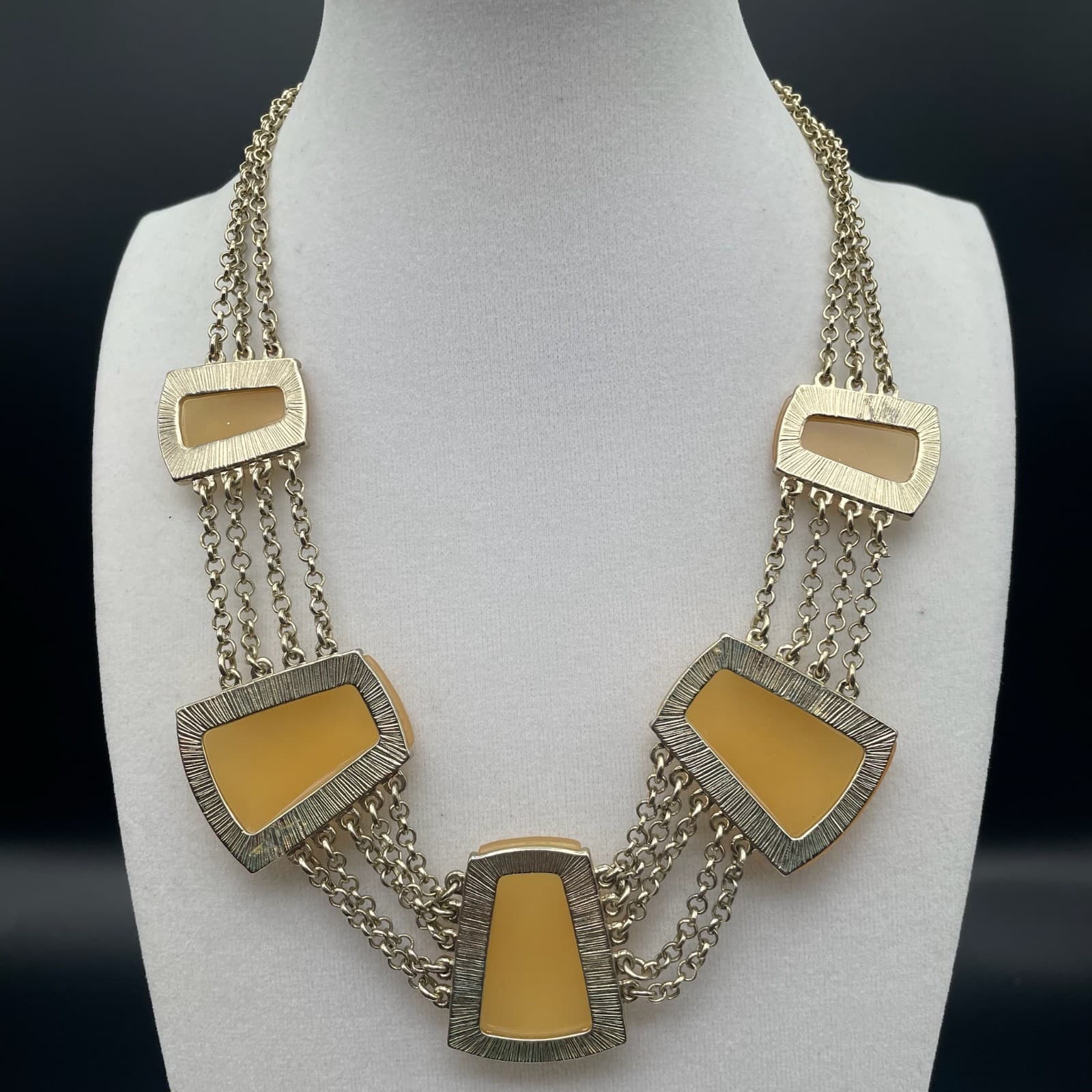 Vintage Gold Tone Trapezoid Yellow Faux Stone Statement Necklace Fringe Choker - Image 1