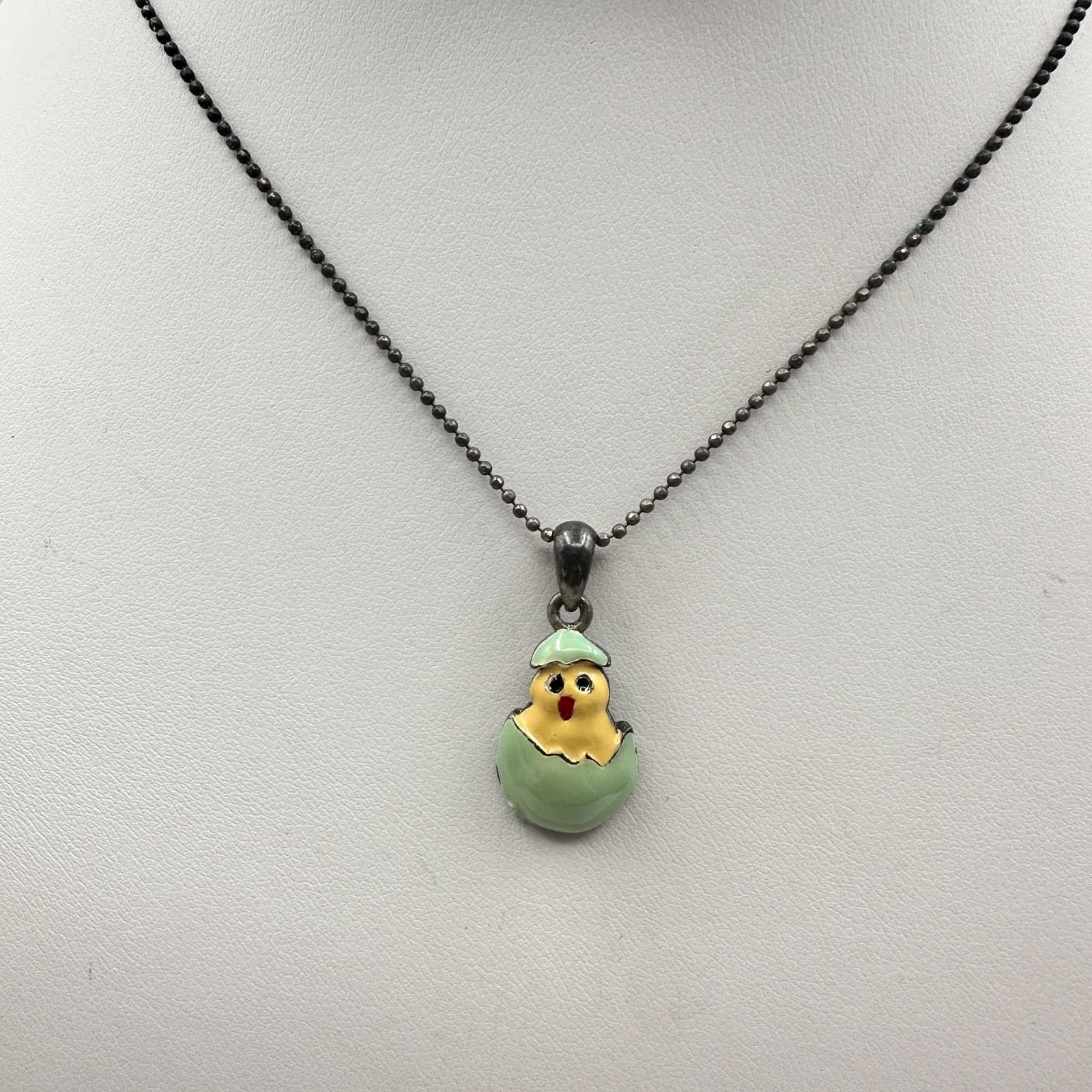 Vintage Y2K Cookie Lee Enamel Easter Chick Egg Necklace Silver Tone Ball Chain - Thumbnail 2