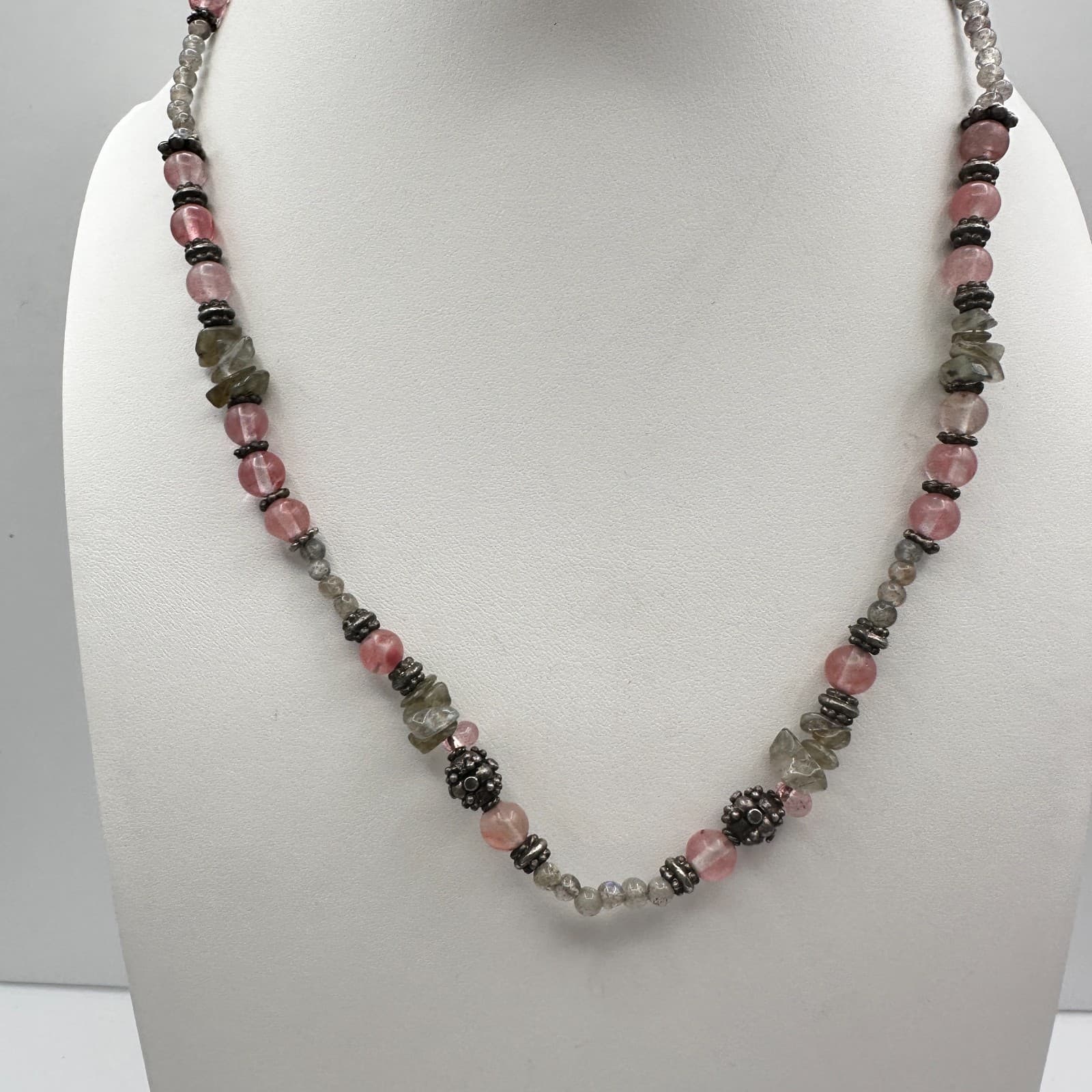 Vintage 90s Strawberry Quartz Labradorite Beaded Necklace Boho Women's Jewelry - Image 1