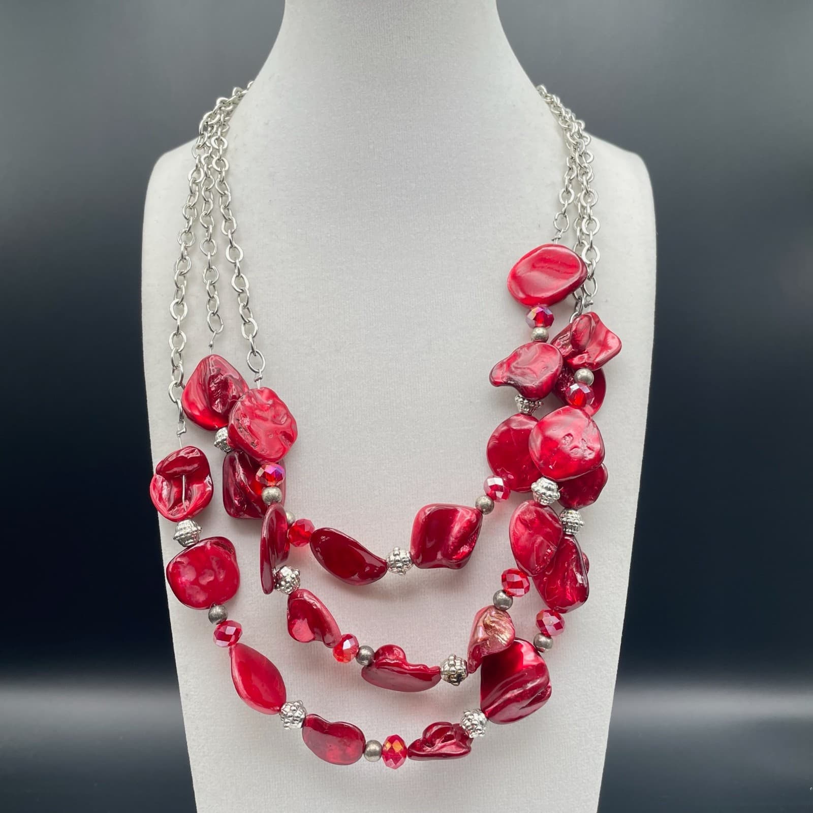 Vintage Statement Multi-Strand Red Irregular Resin Bead Necklace Silver Chain - Image 1