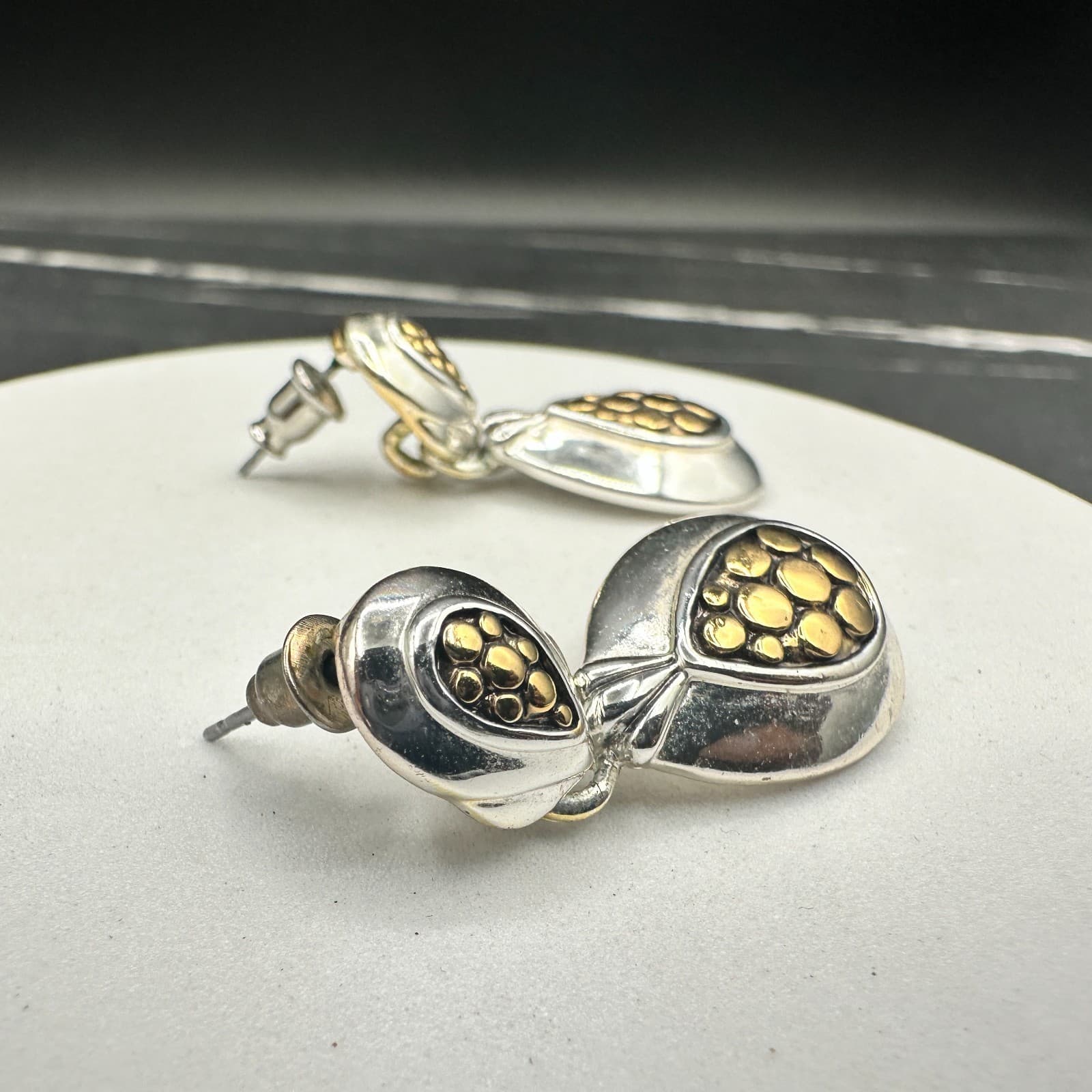 Vintage Premier Designs Two-Tone Teardrop Gold & Silver Dangle Clip-On Earrings - Thumbnail 7