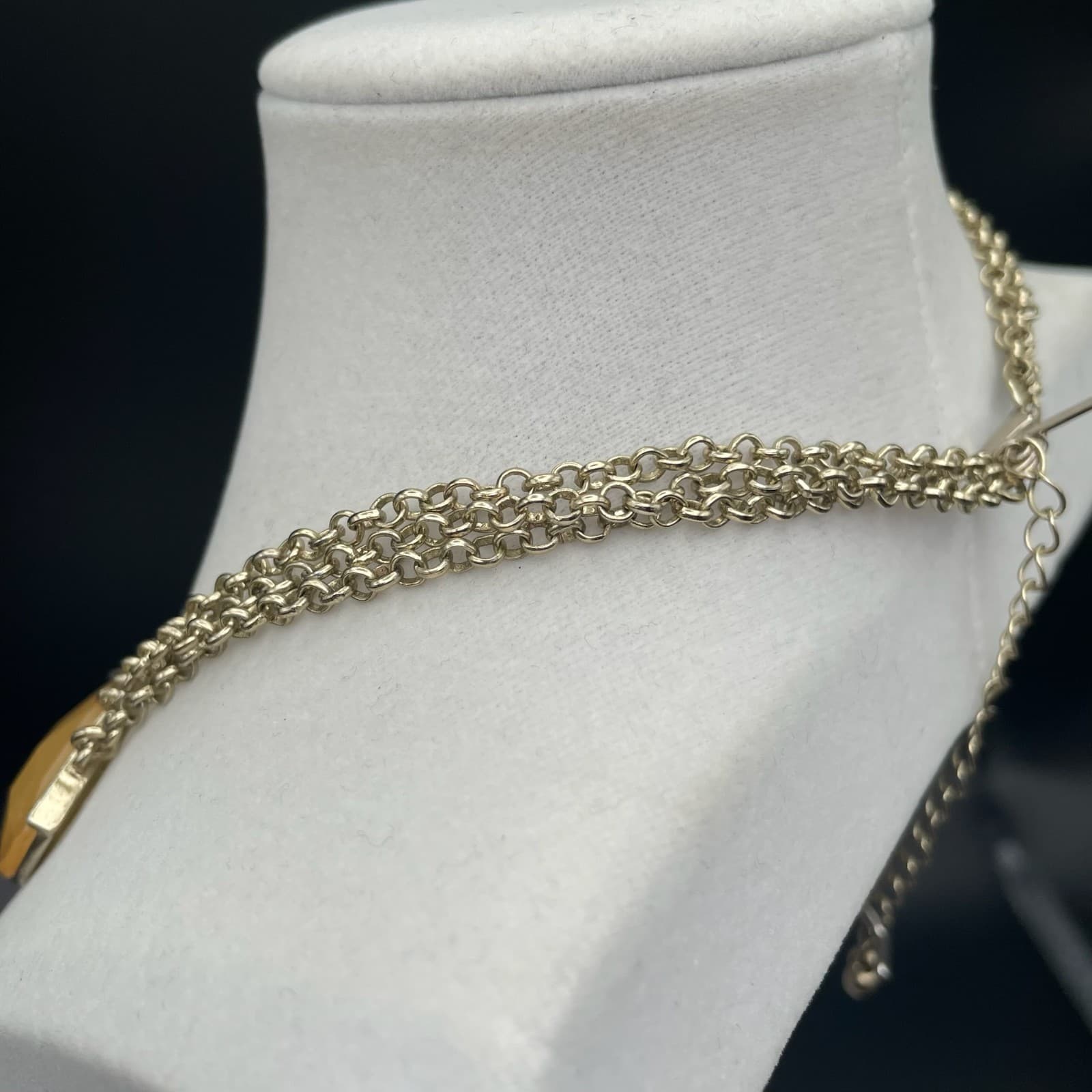 Vintage Gold Tone Trapezoid Yellow Faux Stone Statement Necklace Fringe Choker - Thumbnail 10