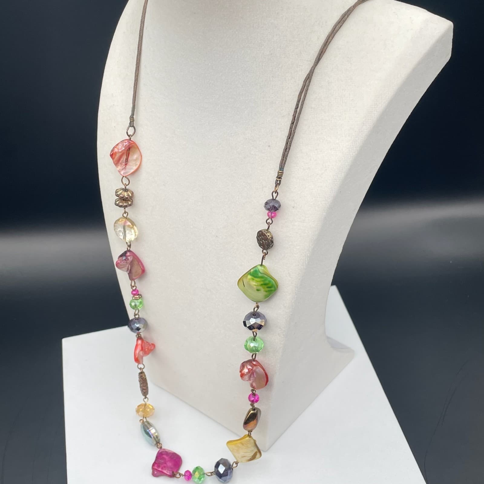 Vintage Bohemian Charm Single Chain Necklace Lobster Clasp Shell Crystal Bead - Thumbnail 8