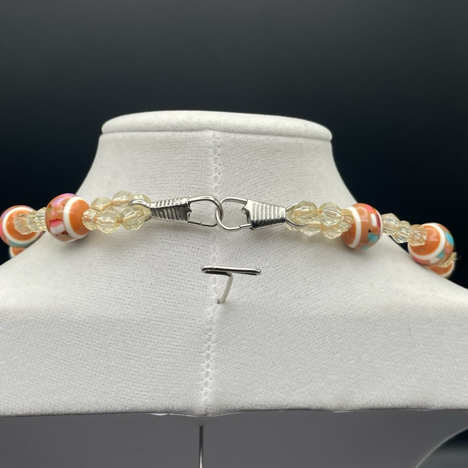 Vintage Orange White Striped Glass Bead Choker Necklace Crystal Spacers 15 in - Thumbnail 7