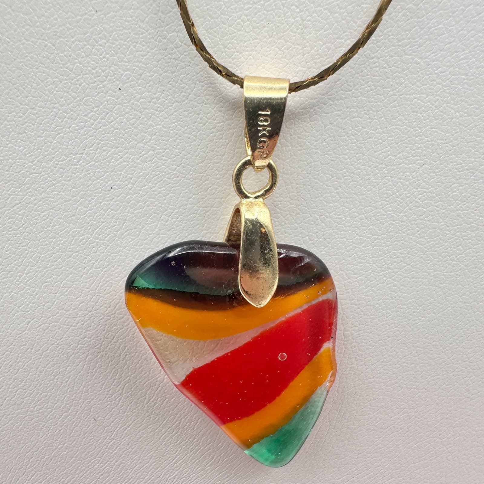 18K Gold Filled Vintage Y2K Rainbow Glass Heart Pendant Necklace - Image 1