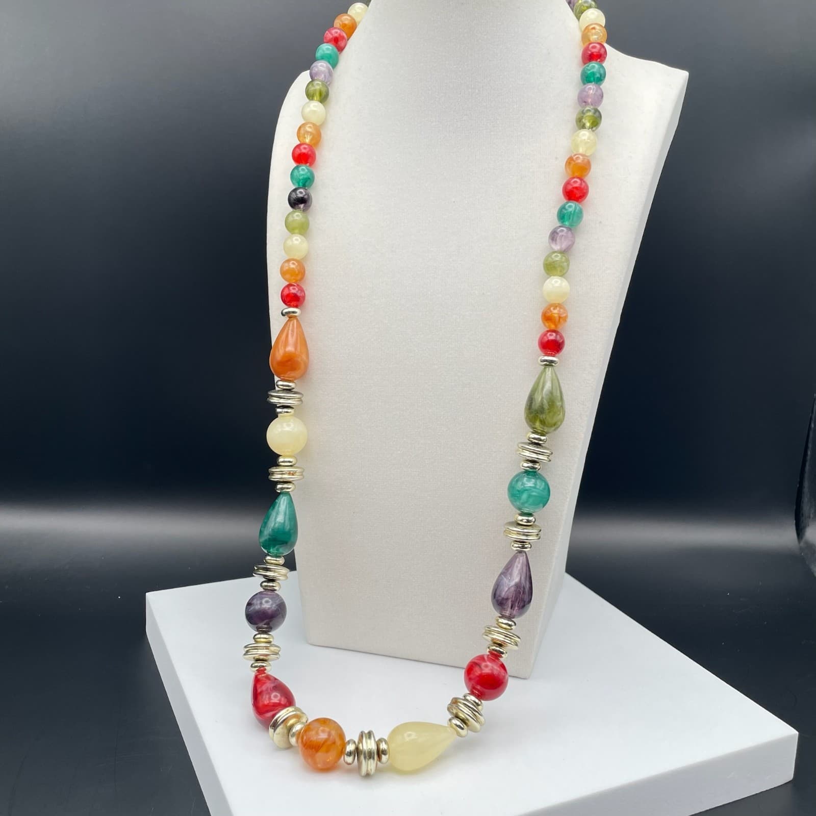 Vintage Long multi color bead necklace gold-tone spacers Teardrop 30 Inch - Thumbnail 10