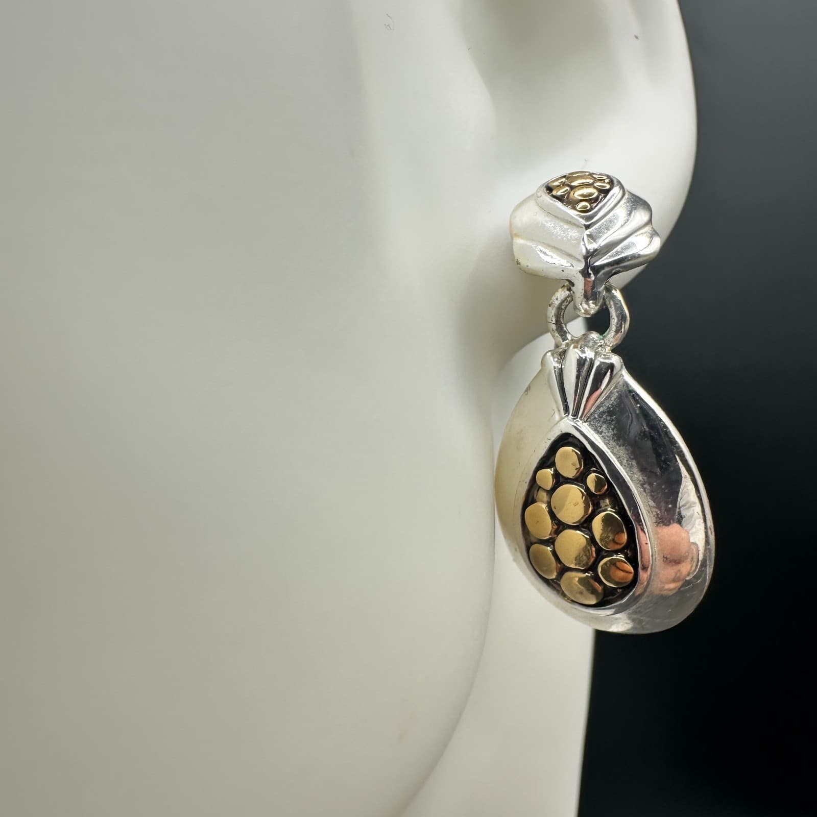 Vintage Premier Designs Two-Tone Teardrop Gold & Silver Dangle Clip-On Earrings - Image 1