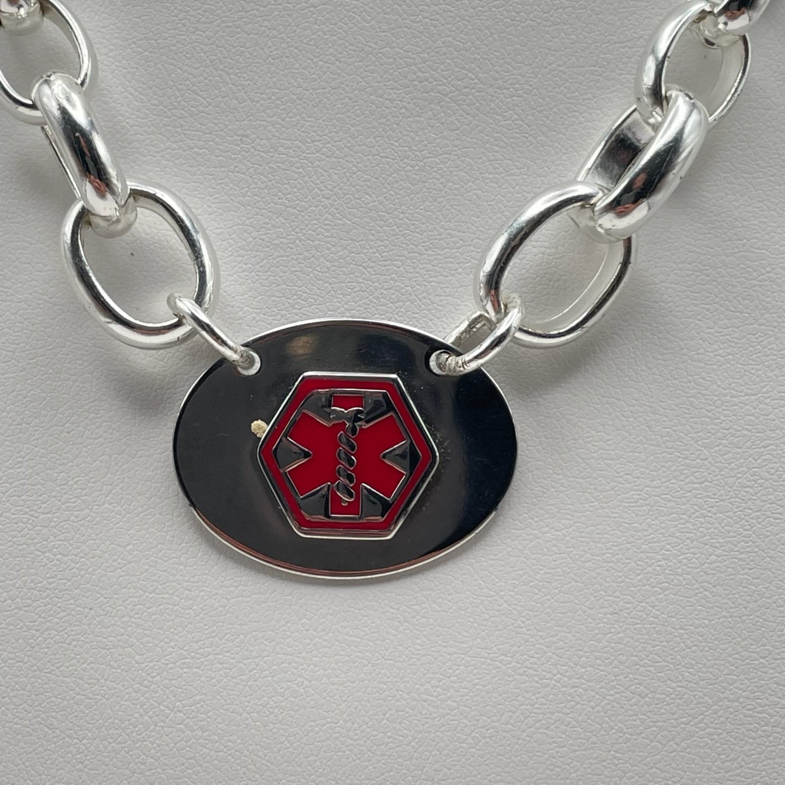 Vintage 90s Medical Alert Necklace Diabetic Silver Tone Thick Oval Link Chain - Thumbnail 5