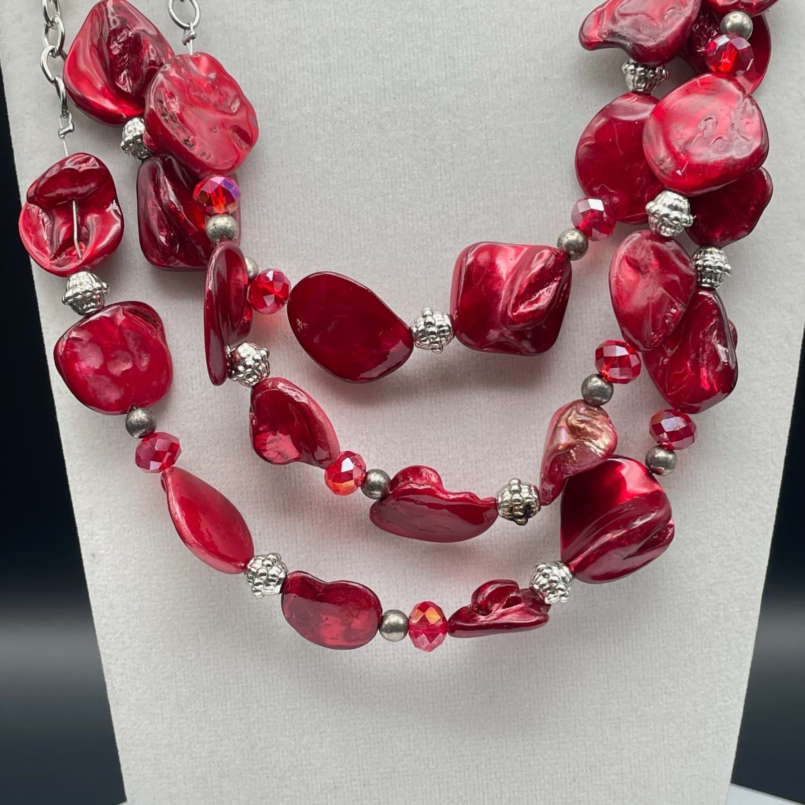 Vintage Statement Multi-Strand Red Irregular Resin Bead Necklace Silver Chain - Thumbnail 6