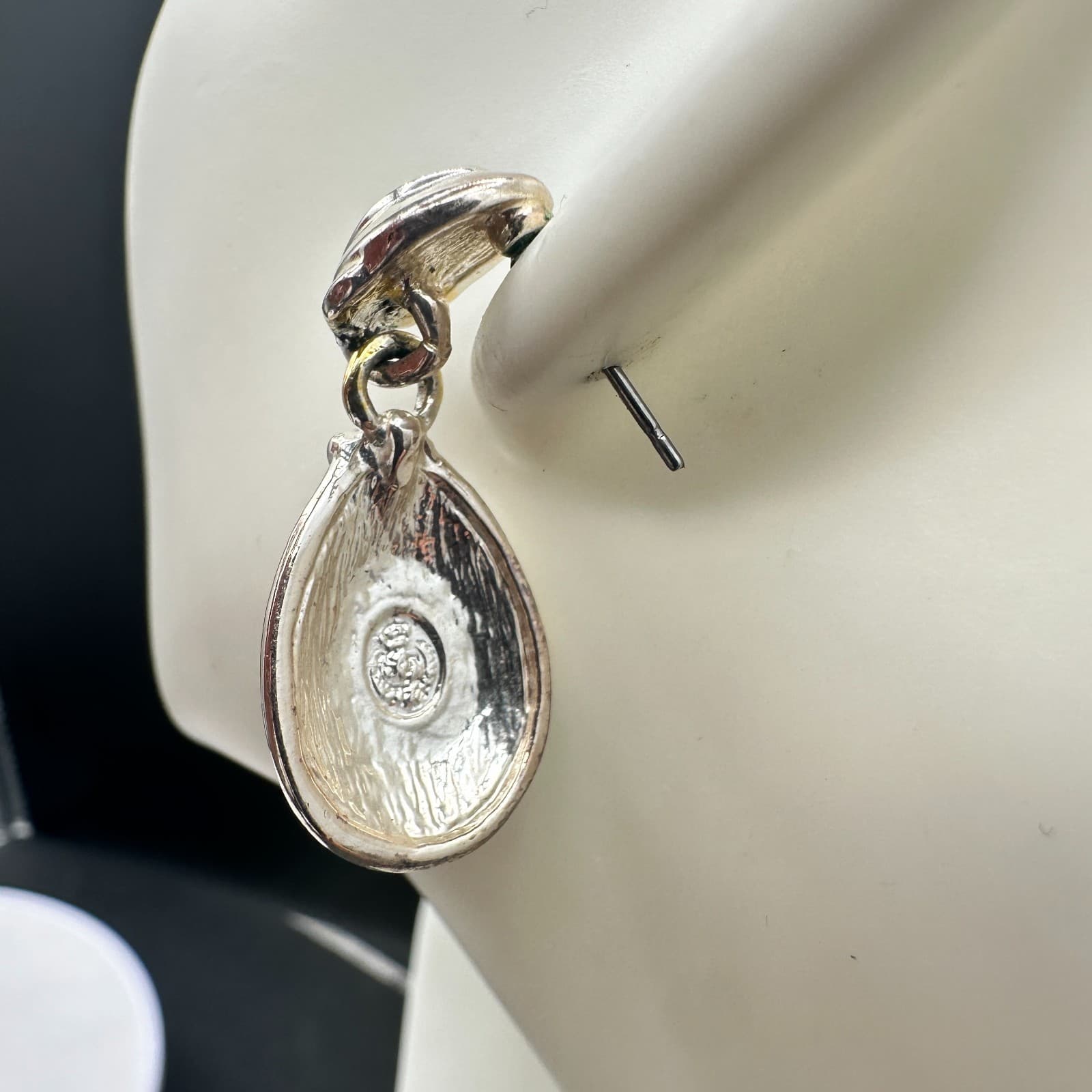 Vintage Premier Designs Two-Tone Teardrop Gold & Silver Dangle Clip-On Earrings - Thumbnail 3