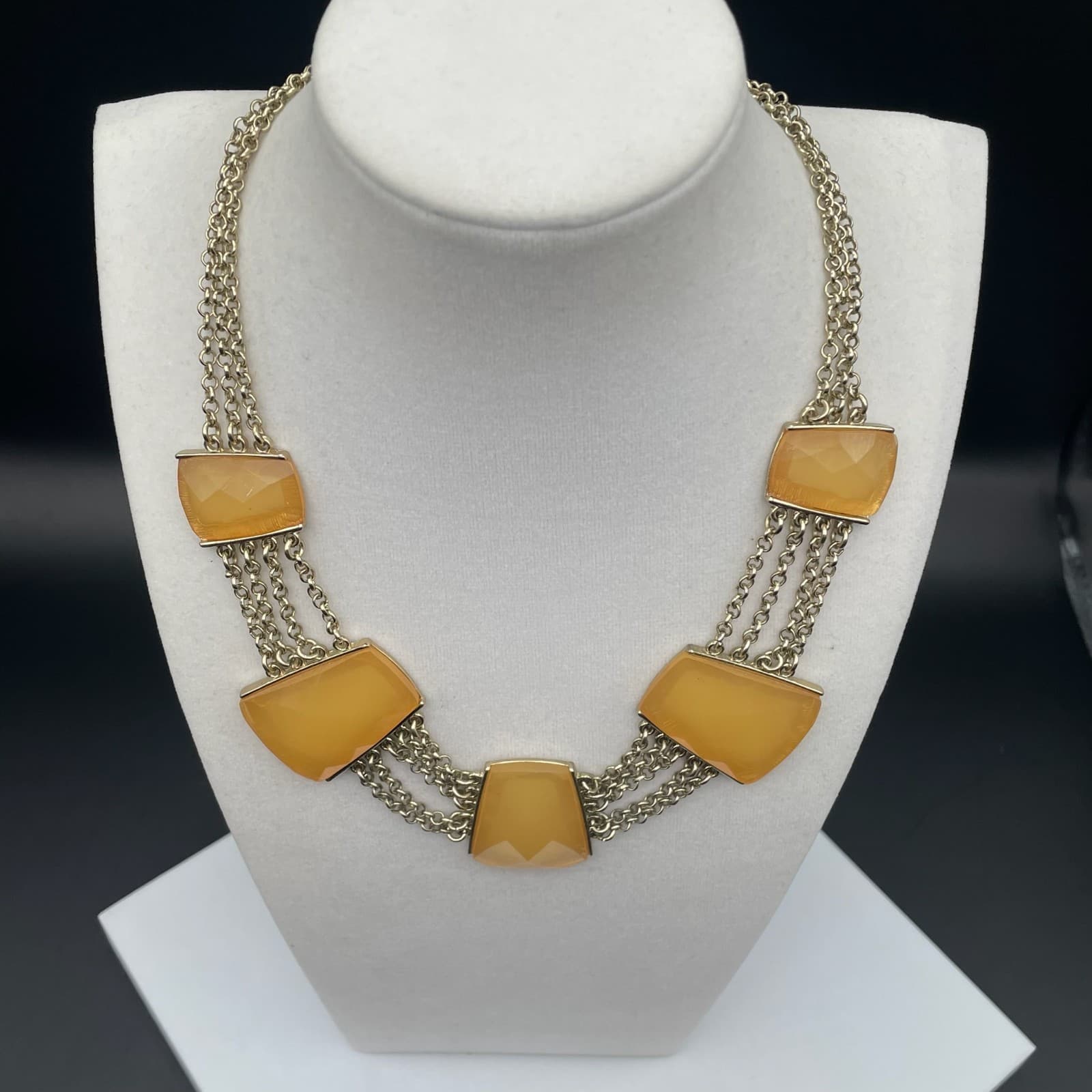Vintage Gold Tone Trapezoid Yellow Faux Stone Statement Necklace Fringe Choker - Thumbnail 7