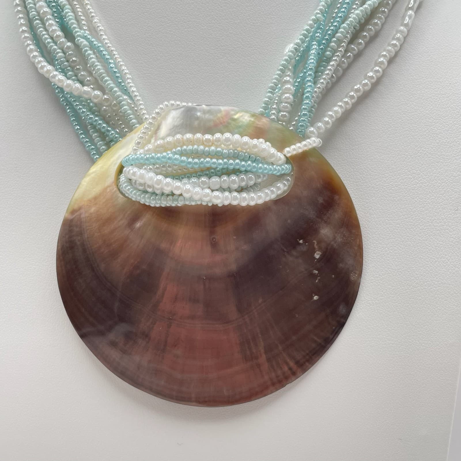 Vintage 90s Mother of Pearl Shell Pendent Multi-Stand Seed Beaded Neckline - Thumbnail 7