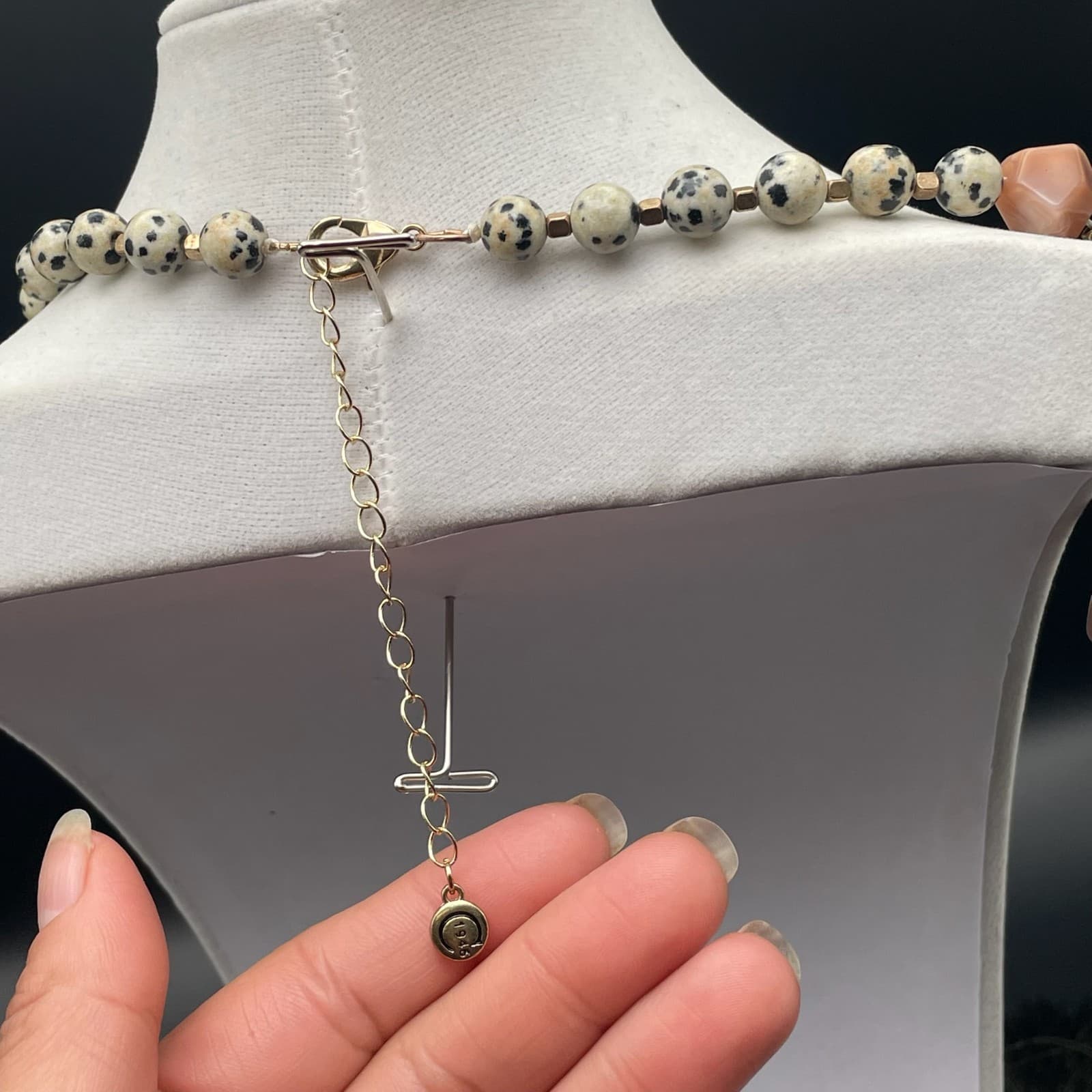 Vintage Dalmatian Stone Tassel Necklace 23 in Matinee Peach Stone Boho Statement - Thumbnail 14