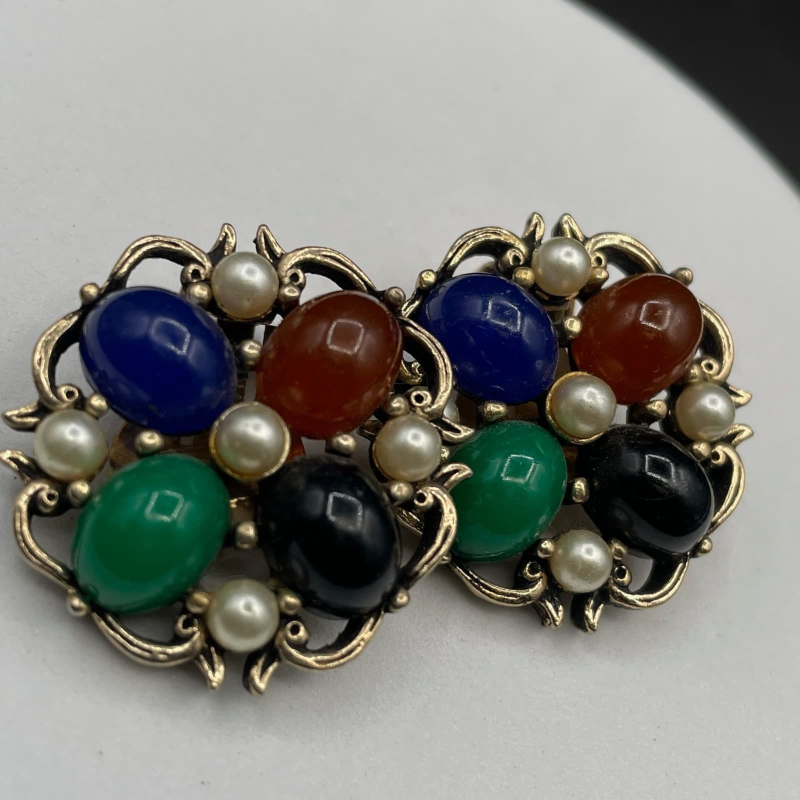 Vintage Multicolor Cabochon Cluster Clip-On Earrings Pearl Accents Retro - Thumbnail 6