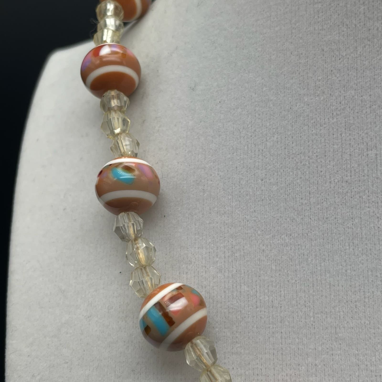 Vintage Orange White Striped Glass Bead Choker Necklace Crystal Spacers 15 in - Thumbnail 6
