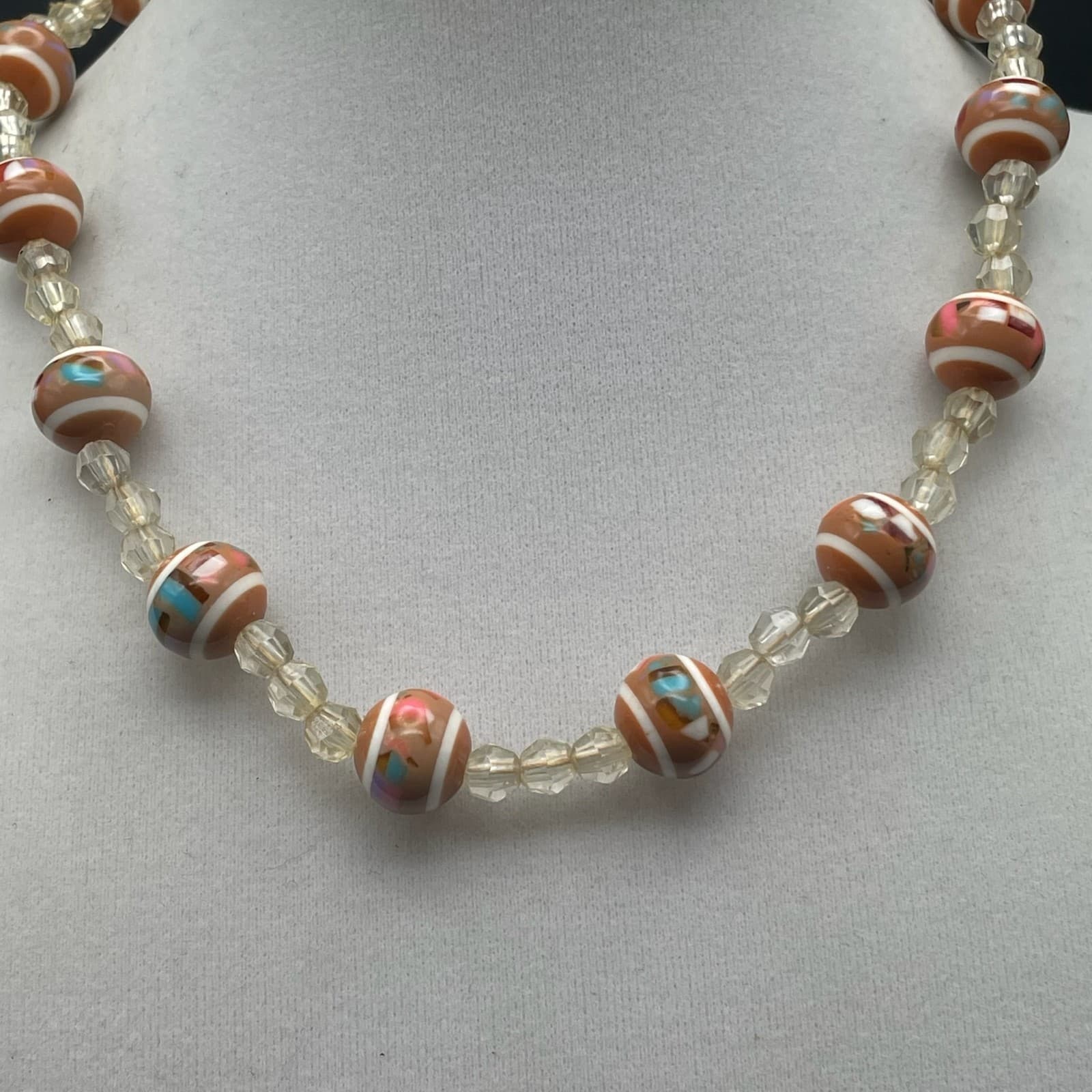 Vintage Orange White Striped Glass Bead Choker Necklace Crystal Spacers 15 in - Thumbnail 4