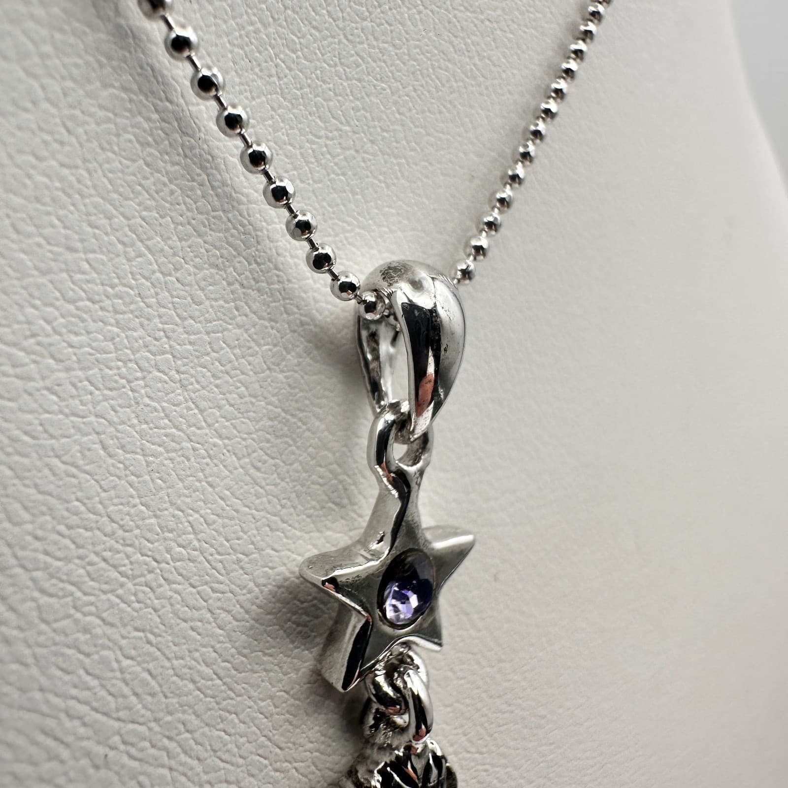 Vintage 90s Cookie Lee Teddy Bear Star Pendant Necklace Purple Crystal Jewelry - Thumbnail 5