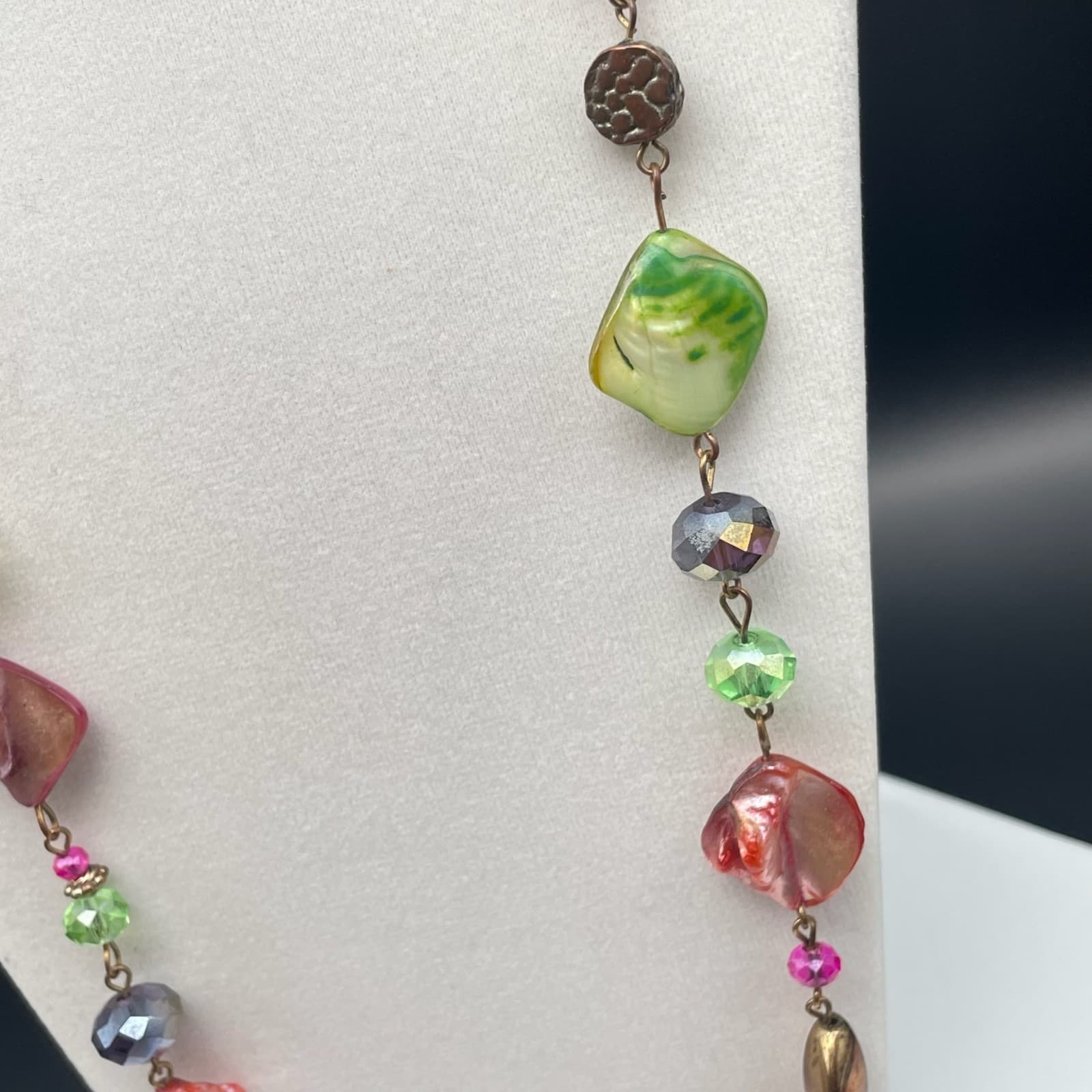 Vintage Bohemian Charm Single Chain Necklace Lobster Clasp Shell Crystal Bead - Thumbnail 5