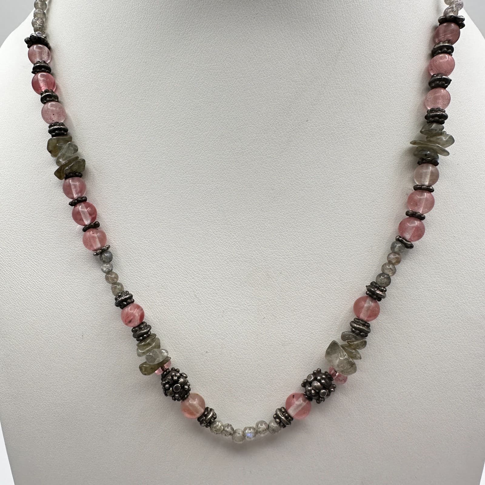 Vintage 90s Strawberry Quartz Labradorite Beaded Necklace Boho Women's Jewelry - Thumbnail 14
