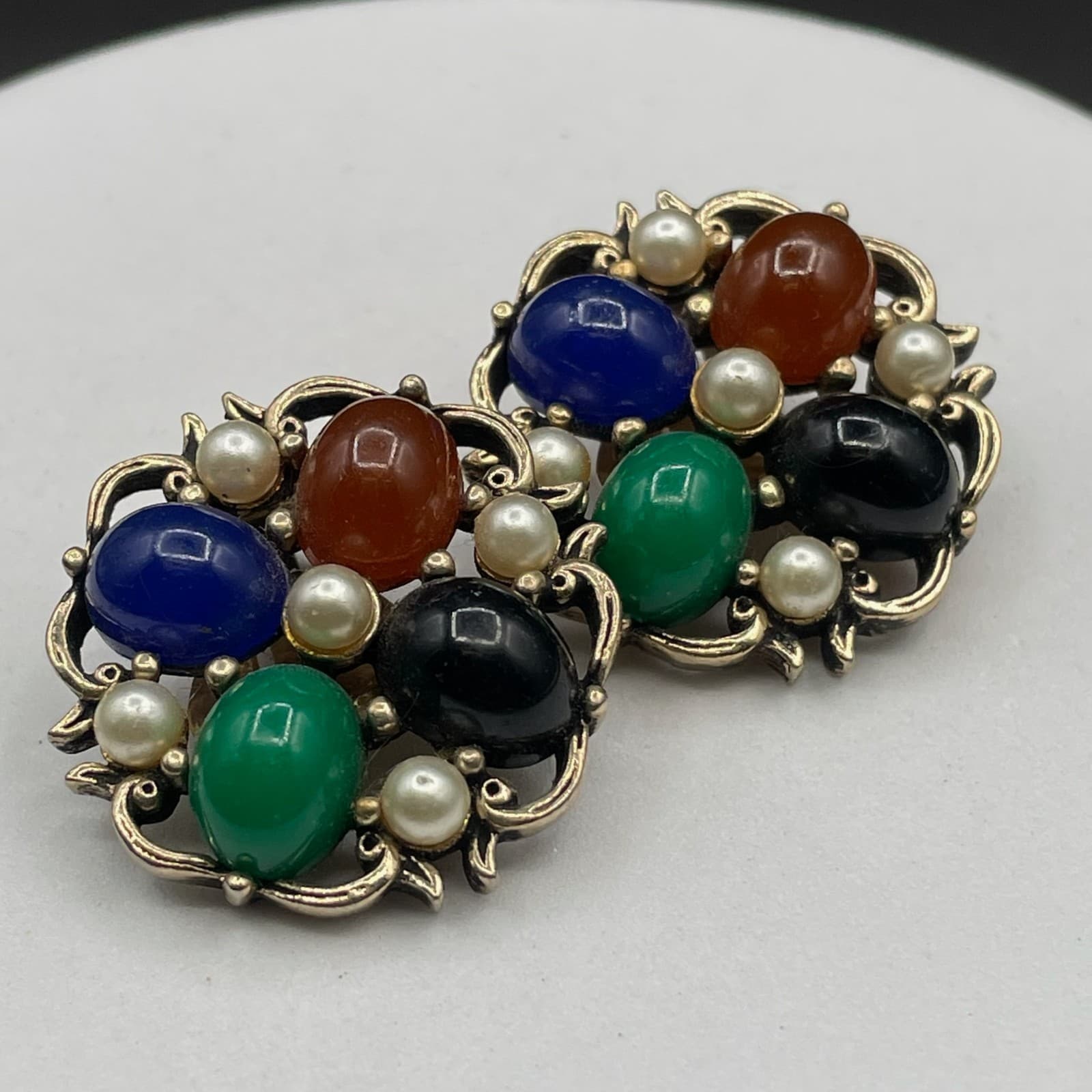 Vintage Multicolor Cabochon Cluster Clip-On Earrings Pearl Accents Retro - Thumbnail 5