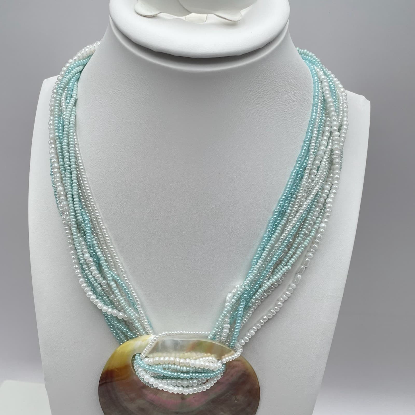 Vintage 90s Mother of Pearl Shell Pendent Multi-Stand Seed Beaded Neckline - Thumbnail 6