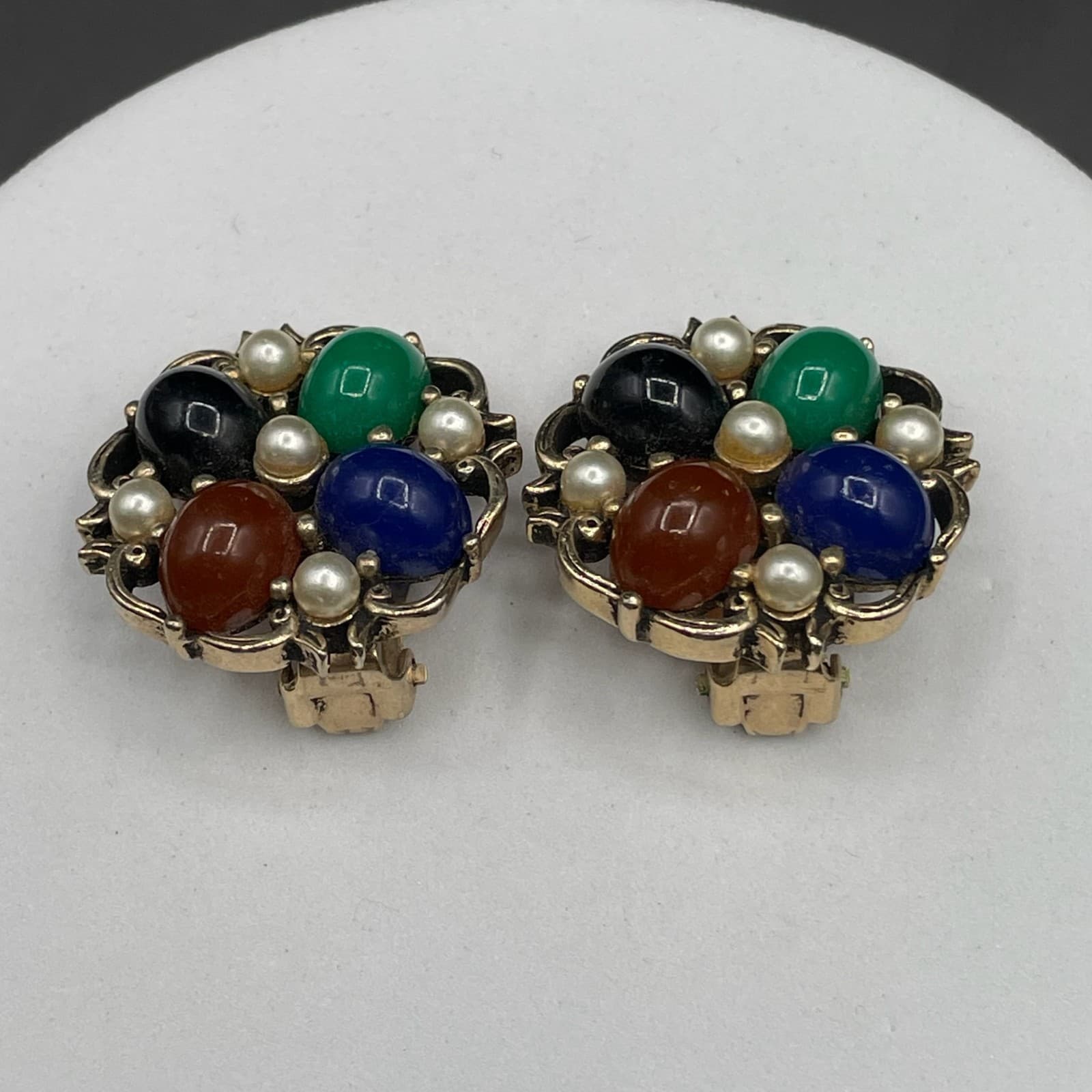 Vintage Multicolor Cabochon Cluster Clip-On Earrings Pearl Accents Retro - Thumbnail 3